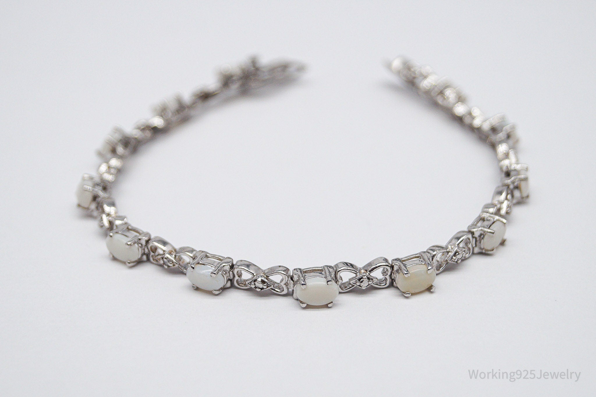 Vintage Opal & 3 Diamonds Sterling Silver Bracelet - 7 7/16"
