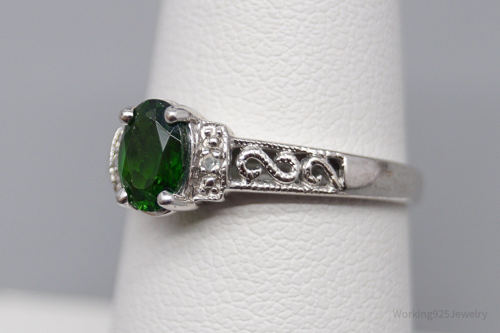 Vintage Green Chrome Diopside White Topaz Sterling Silver Ring - Size 7