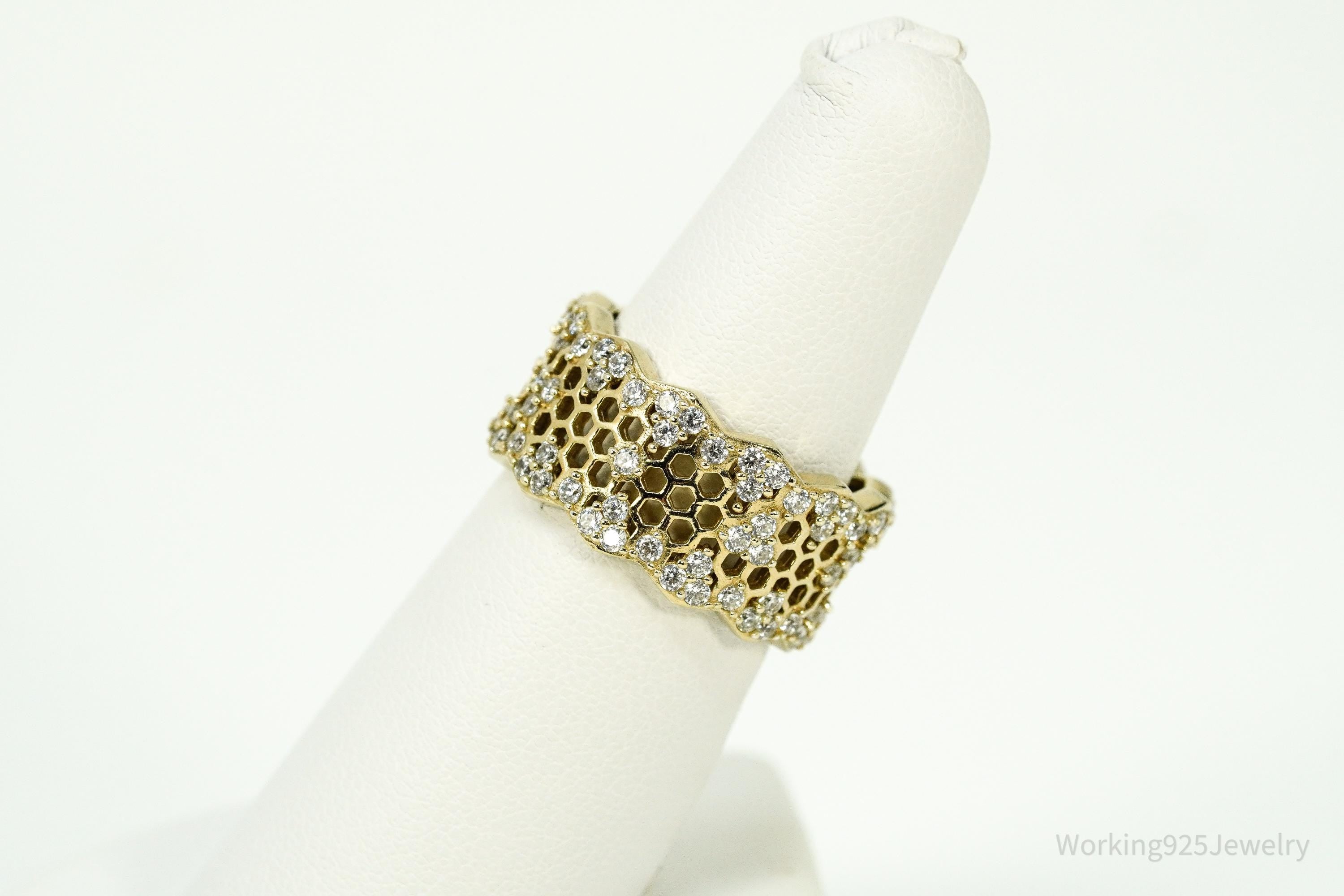 Vintage Cubic Zirconia Gold Vermeil Sterling Silver Honeycomb Lace Ring - Size 7