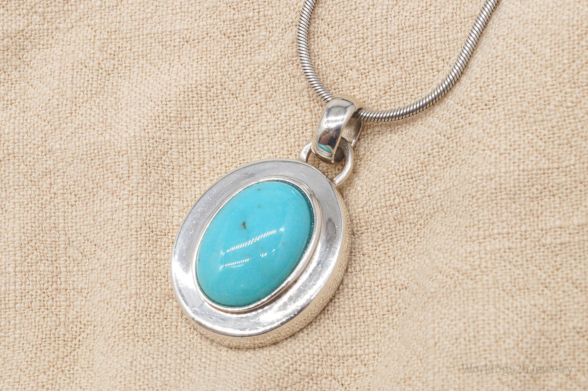 Vintage Large Blue Turquoise Pendant Sterling Silver Necklace 24"