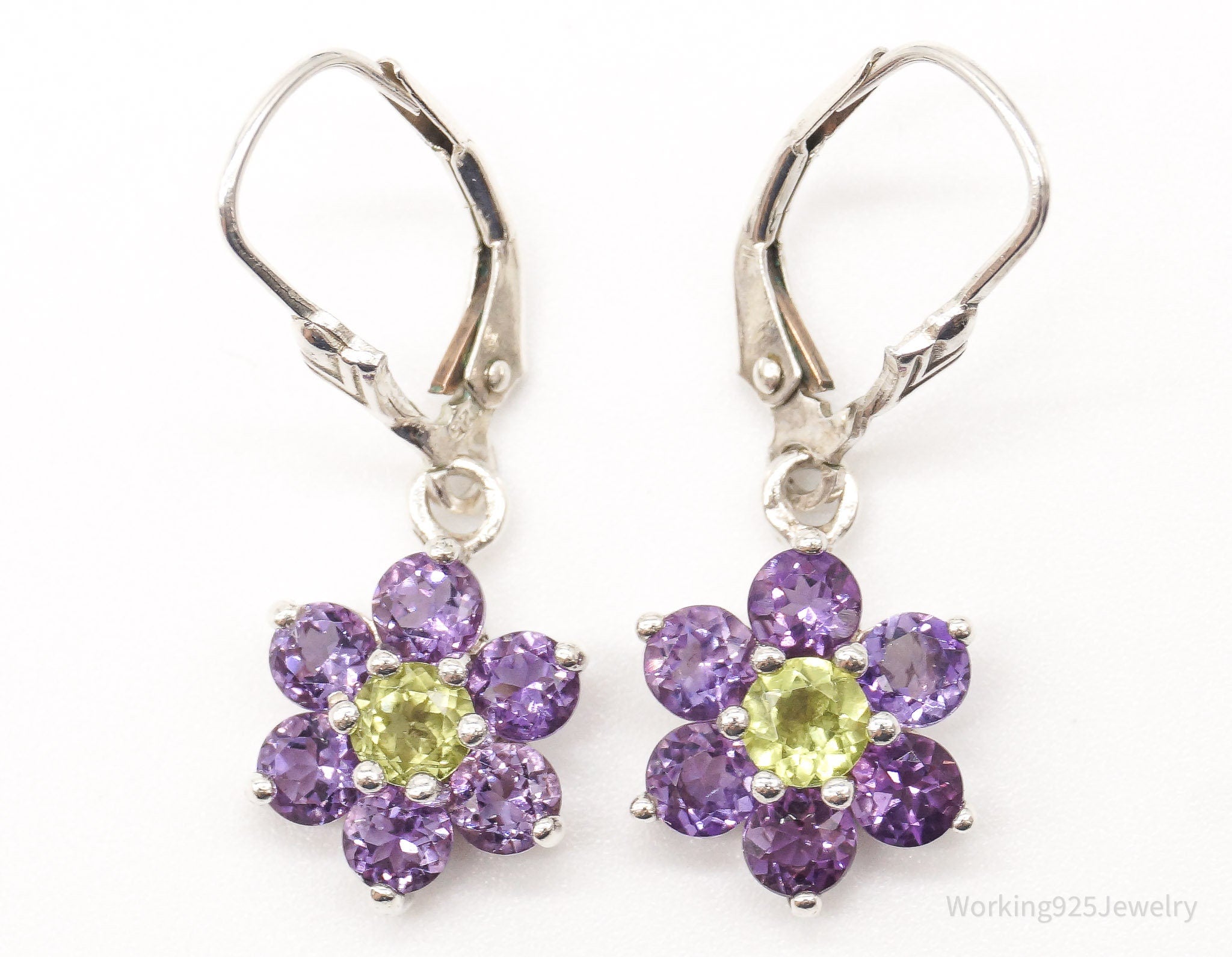 Vintage Peridot Amethyst Flowers Sterling Silver Earrings