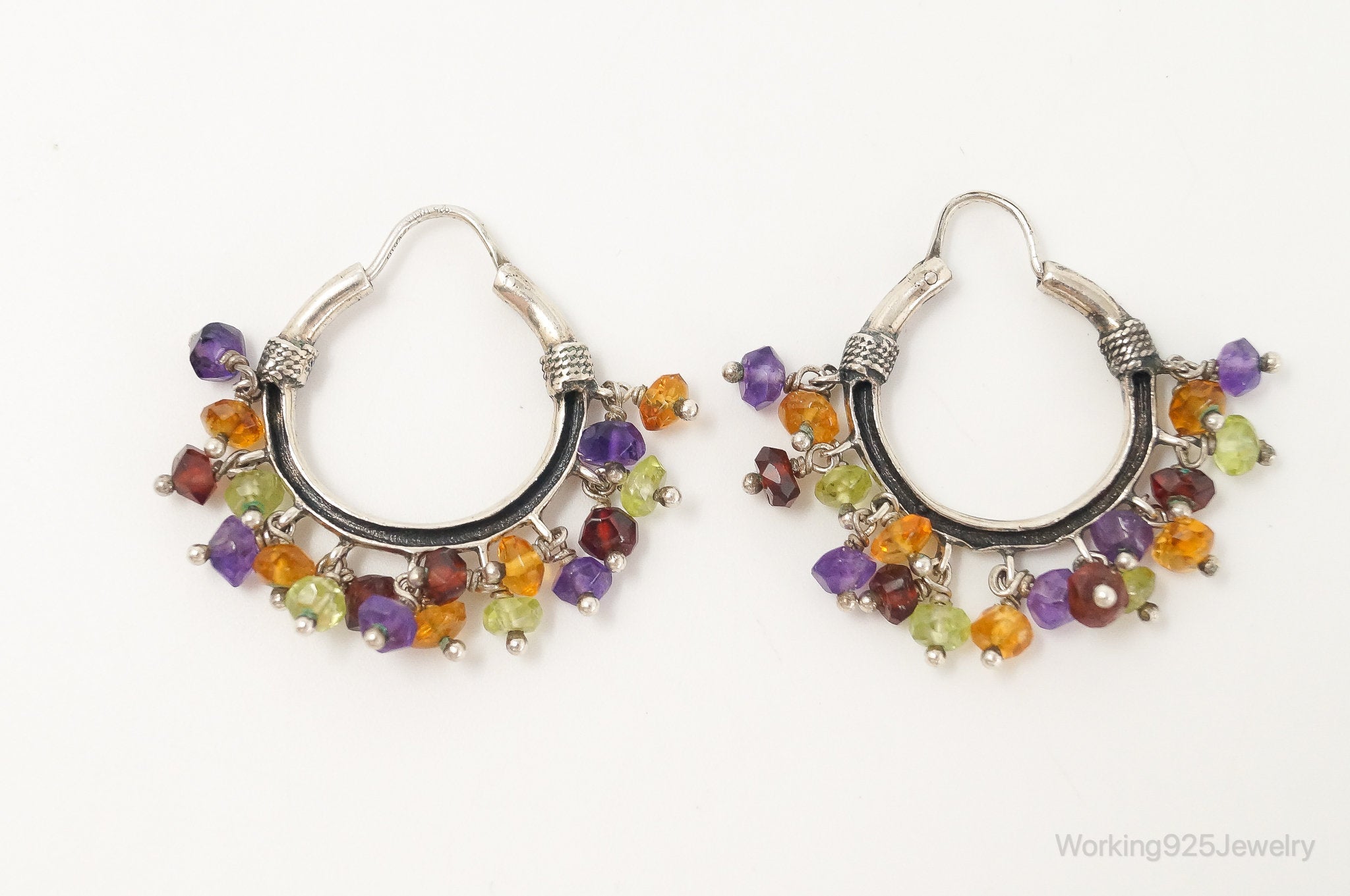 Vintage Multi Gemstone Beads Sterling Silver Hoop Earrings