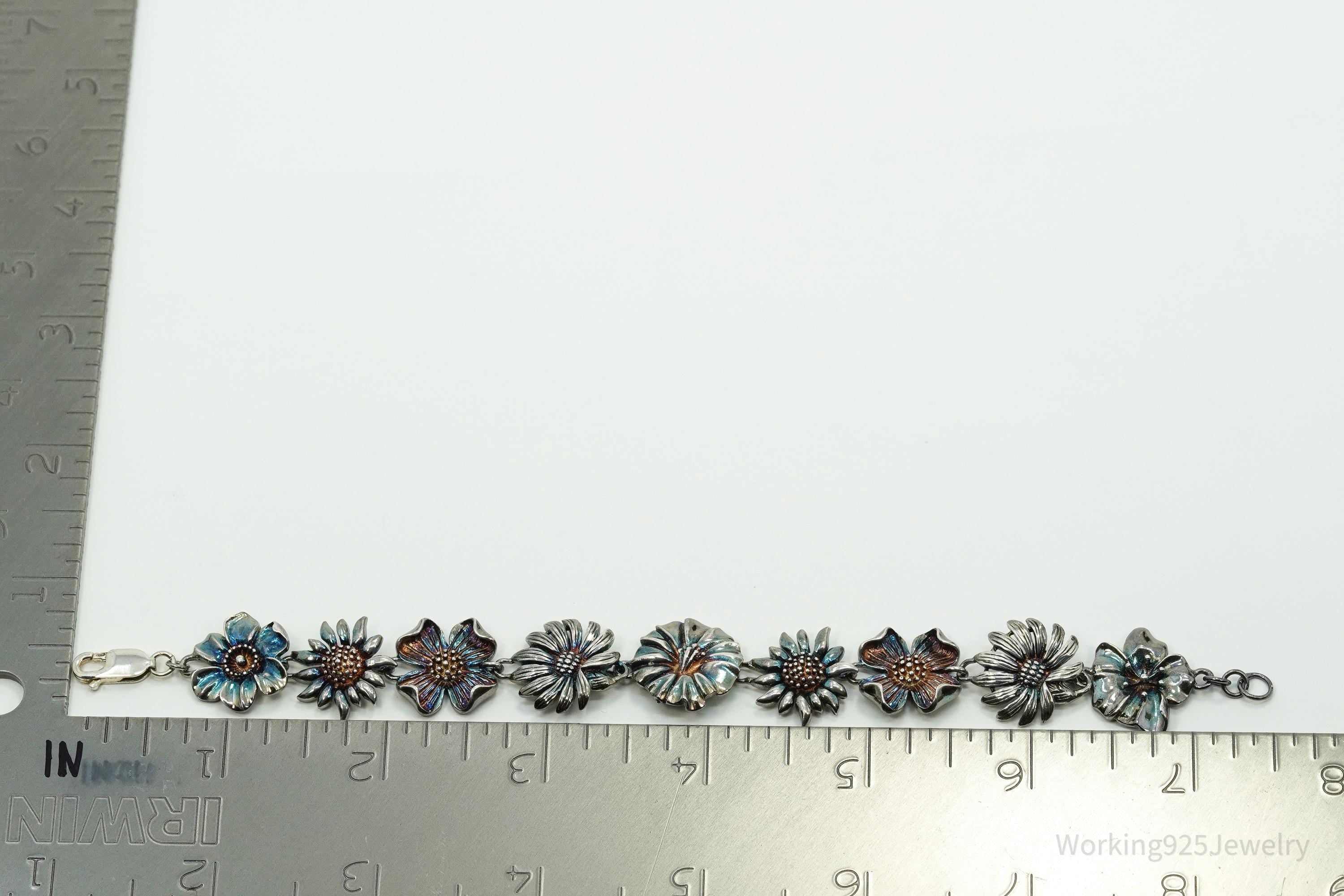 Vintage Flowers Sterling Silver Bracelet 7.5"