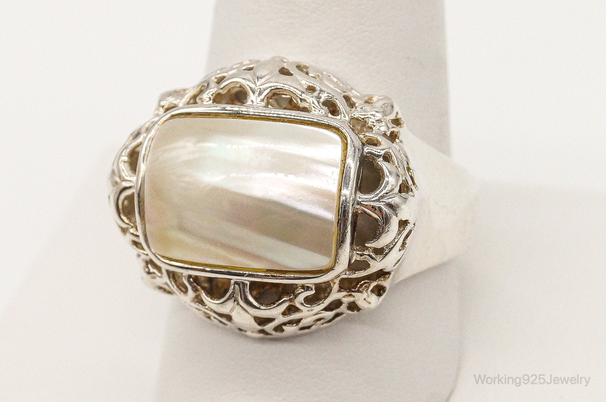 Vintage Large Pearl Sterling Silver Ring - Size 10