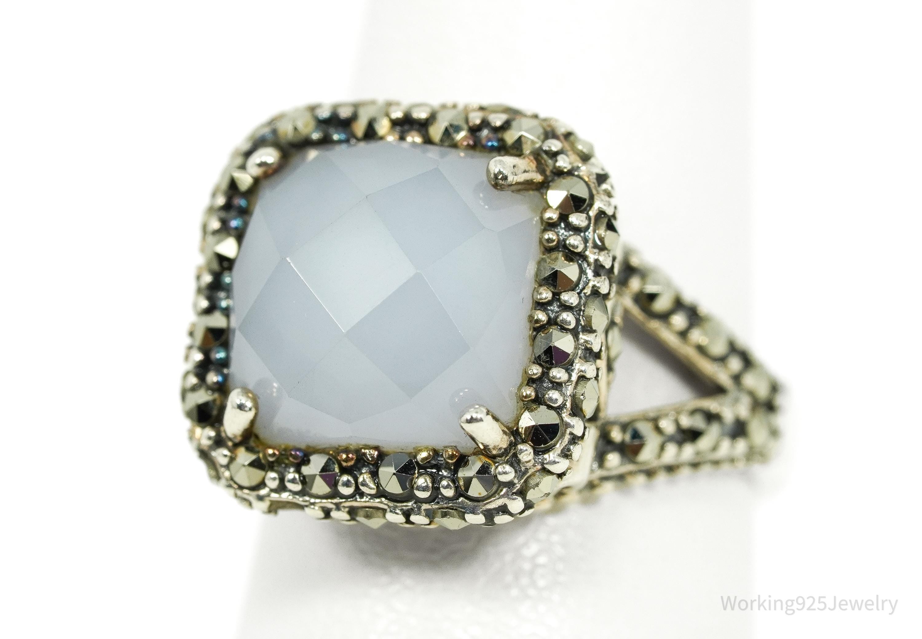 Vintage Blue Lavender Chalcedony & Marcasite Sterling Silver Ring - Size 6