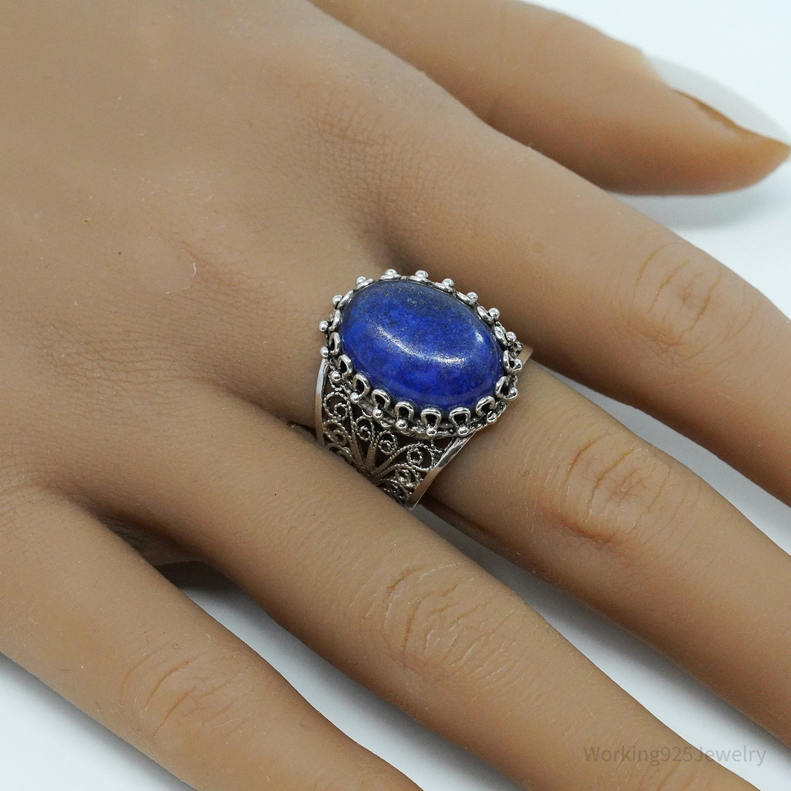 Vintage Designer DGS Lapis Lazuli Filigree Sterling Silver Ring - Size 9