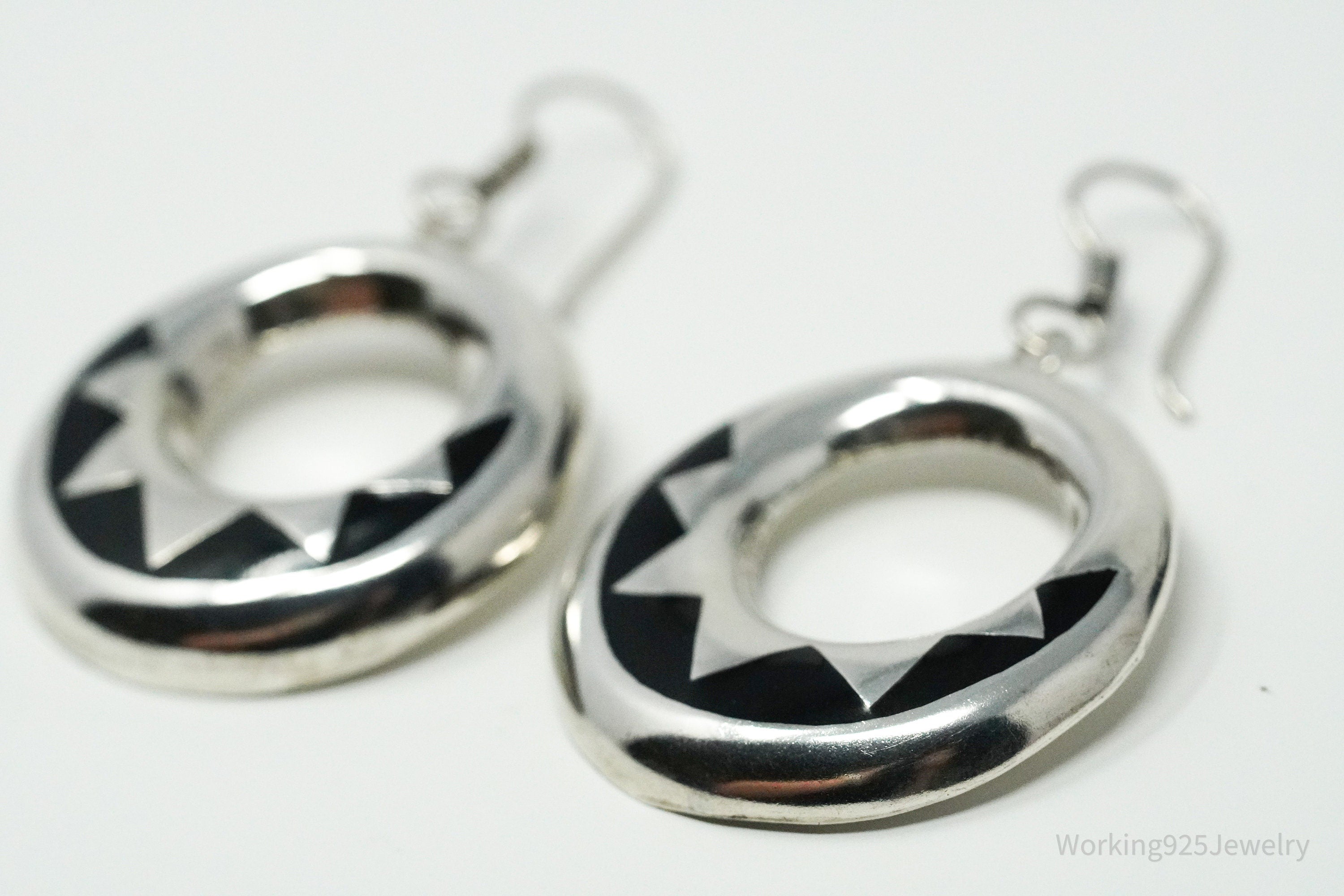 Vintage Taxco Mexico Onyx Inlay Sterling Silver Earrings 2"