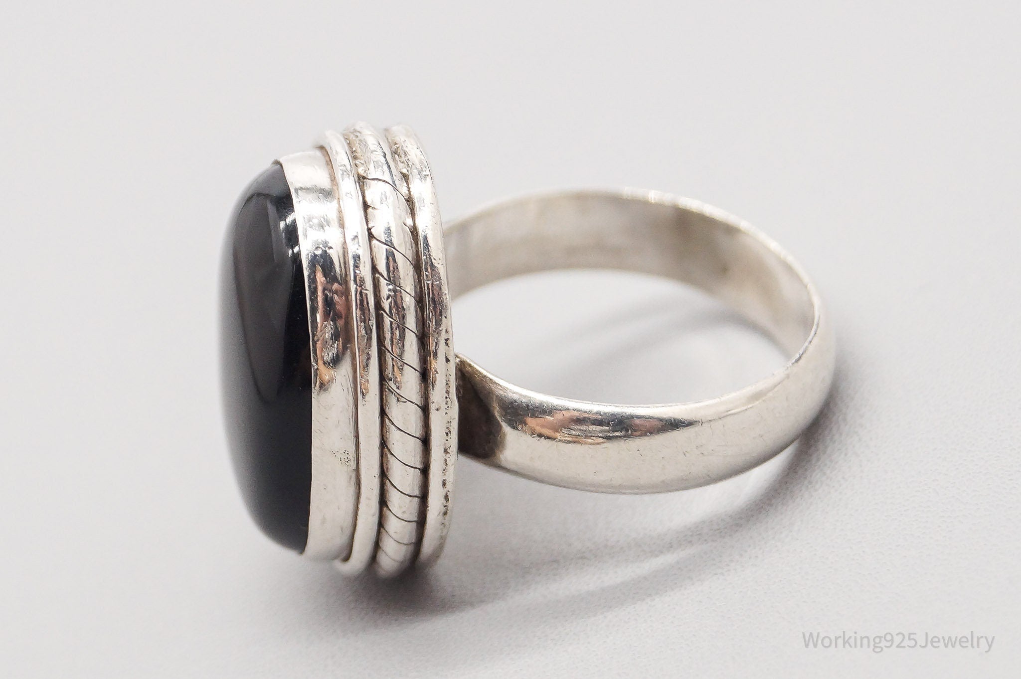 Vintage Large Black Onyx Silver Ring - Size 8