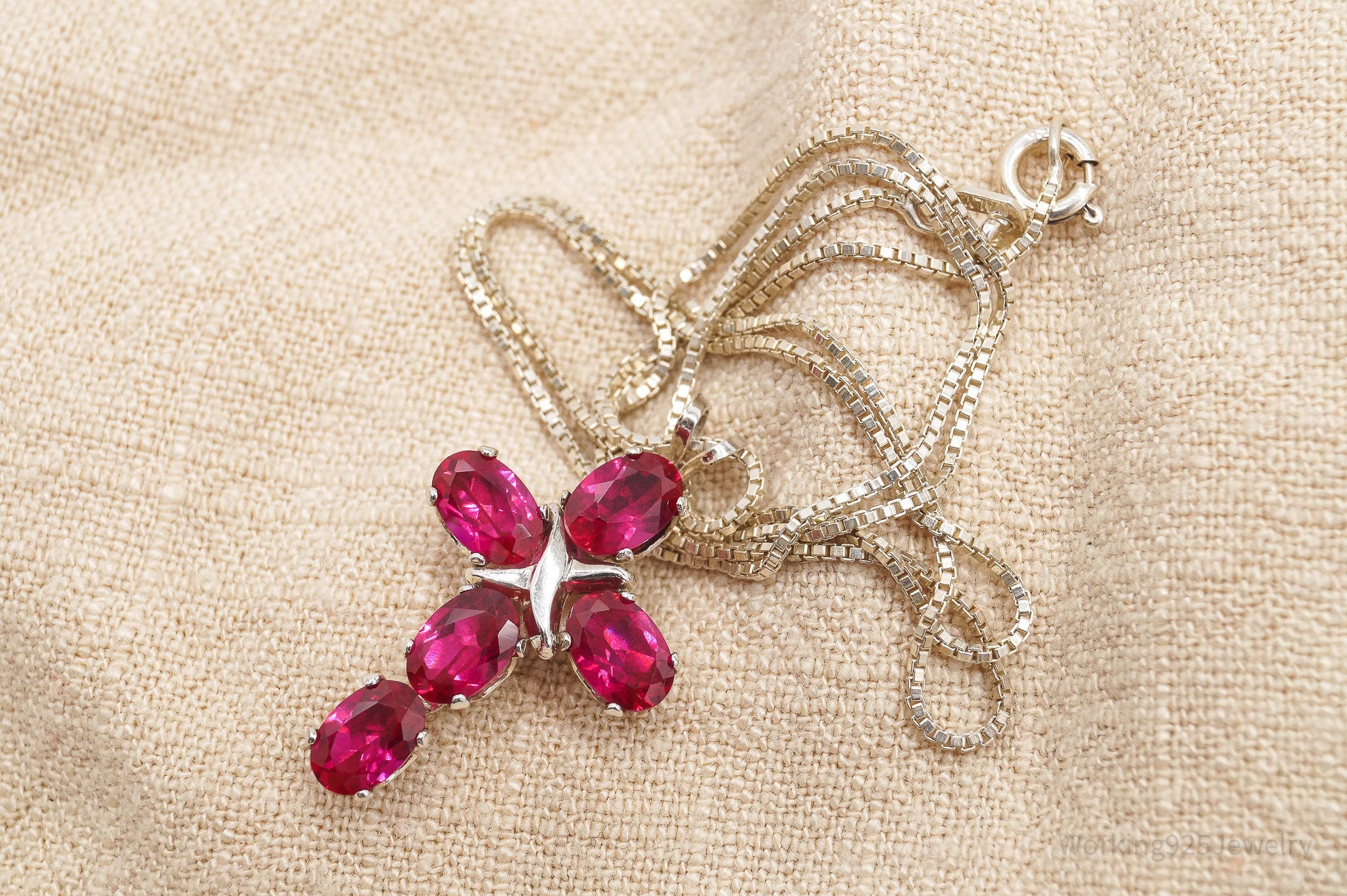 Vintage Lab Ruby Cross Sterling Silver Necklace 16"