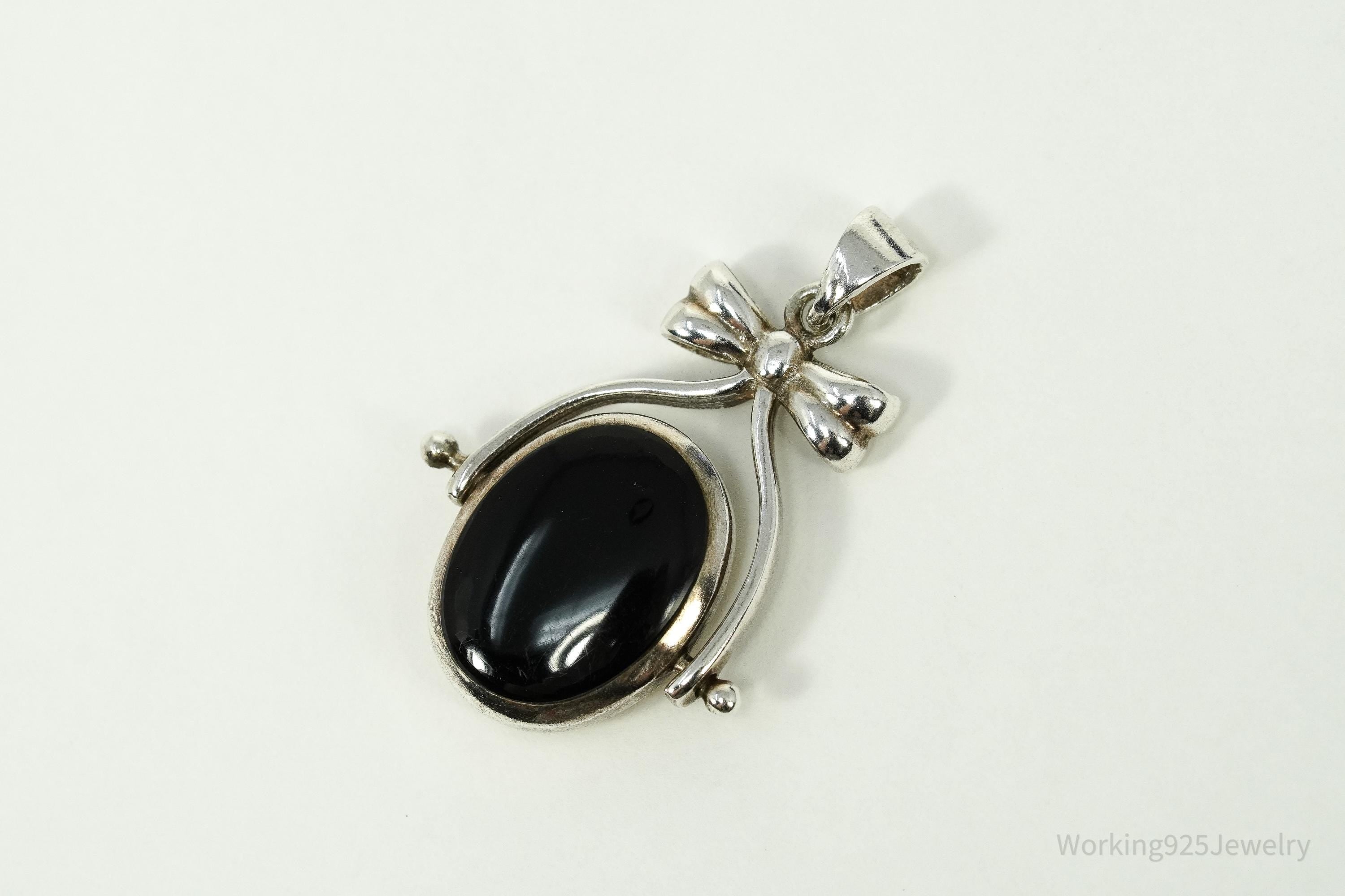 Vintage Black Onyx & Mother Of Pearl Spinning Fob Sterling Silver Pendant