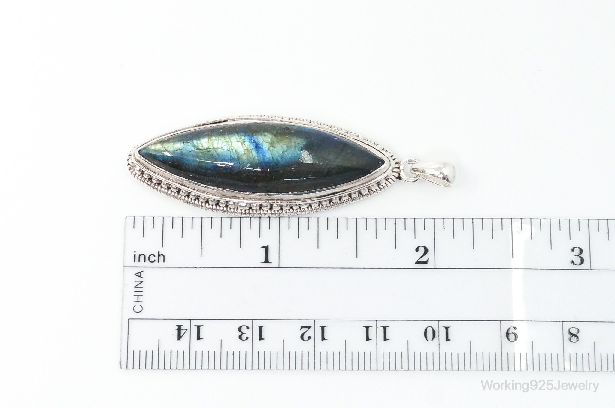 Vintage Long Large Labradorite Sterling Silver Necklace Pendant