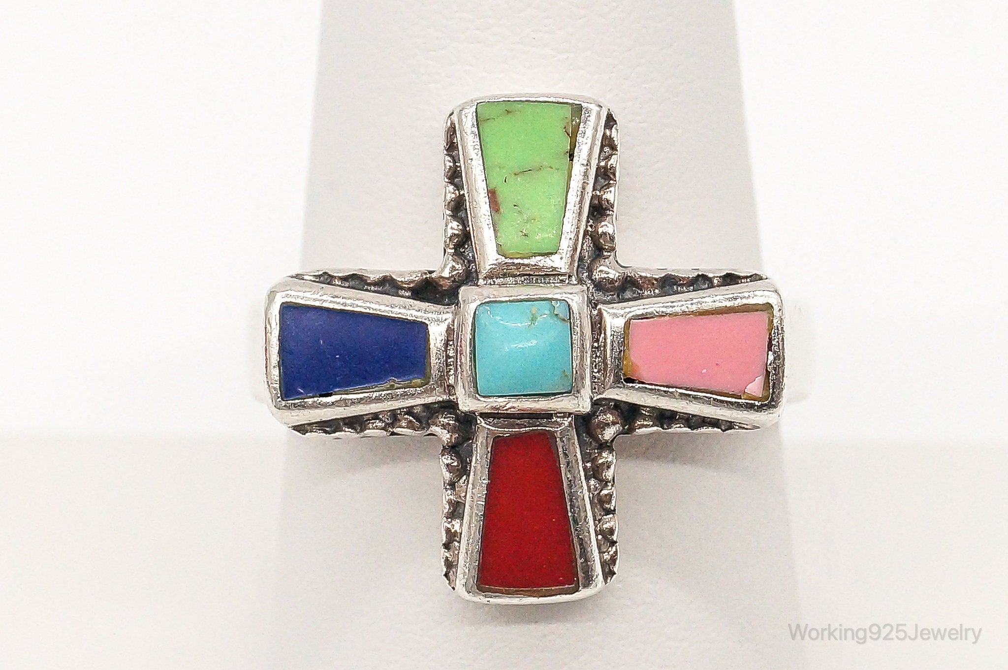 Vintage Turquoise Coral Lapis Lazuli Sterling Silver Ring - Size 8