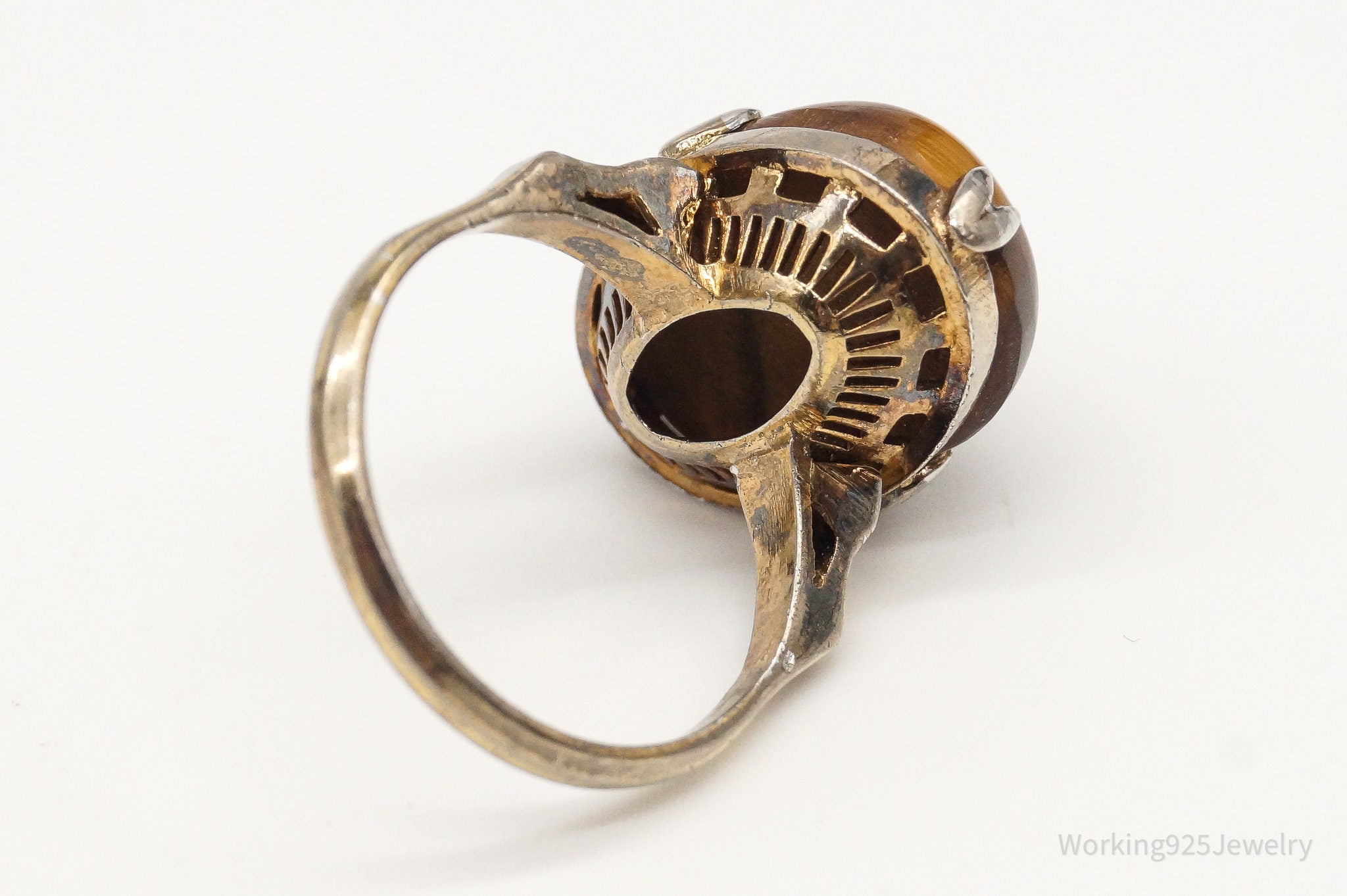 Antique Tigers Eye Gold Wash Silver Ring - Size 5.5