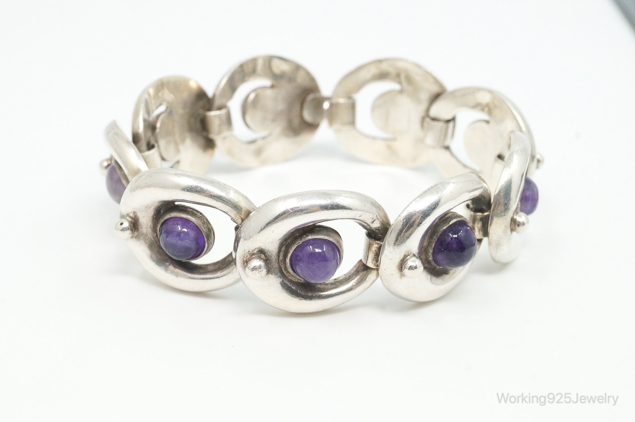 Vintage Mexico Amethyst Modernist Sterling Silver Bracelet