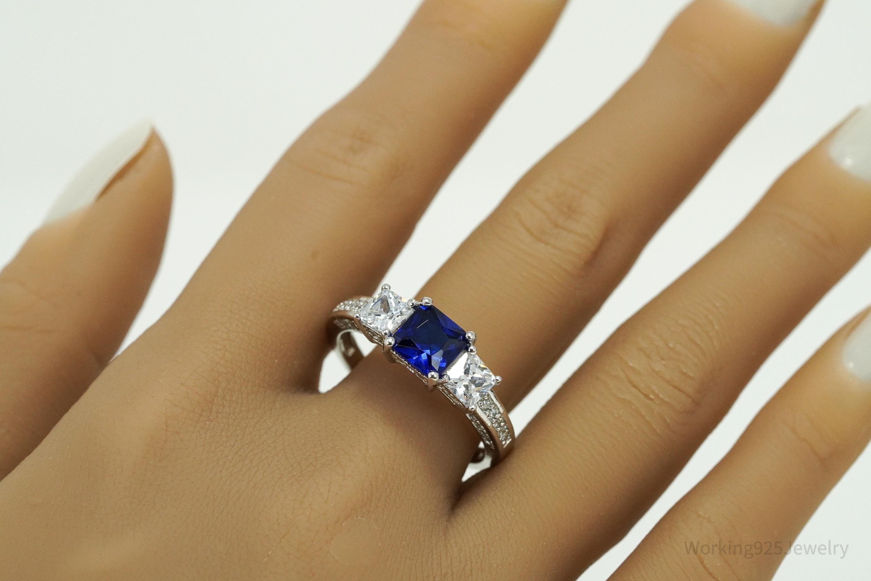 Vintage Lab Sapphire & Cubic Zirconia Sterling Silver Ring - Size 12.25