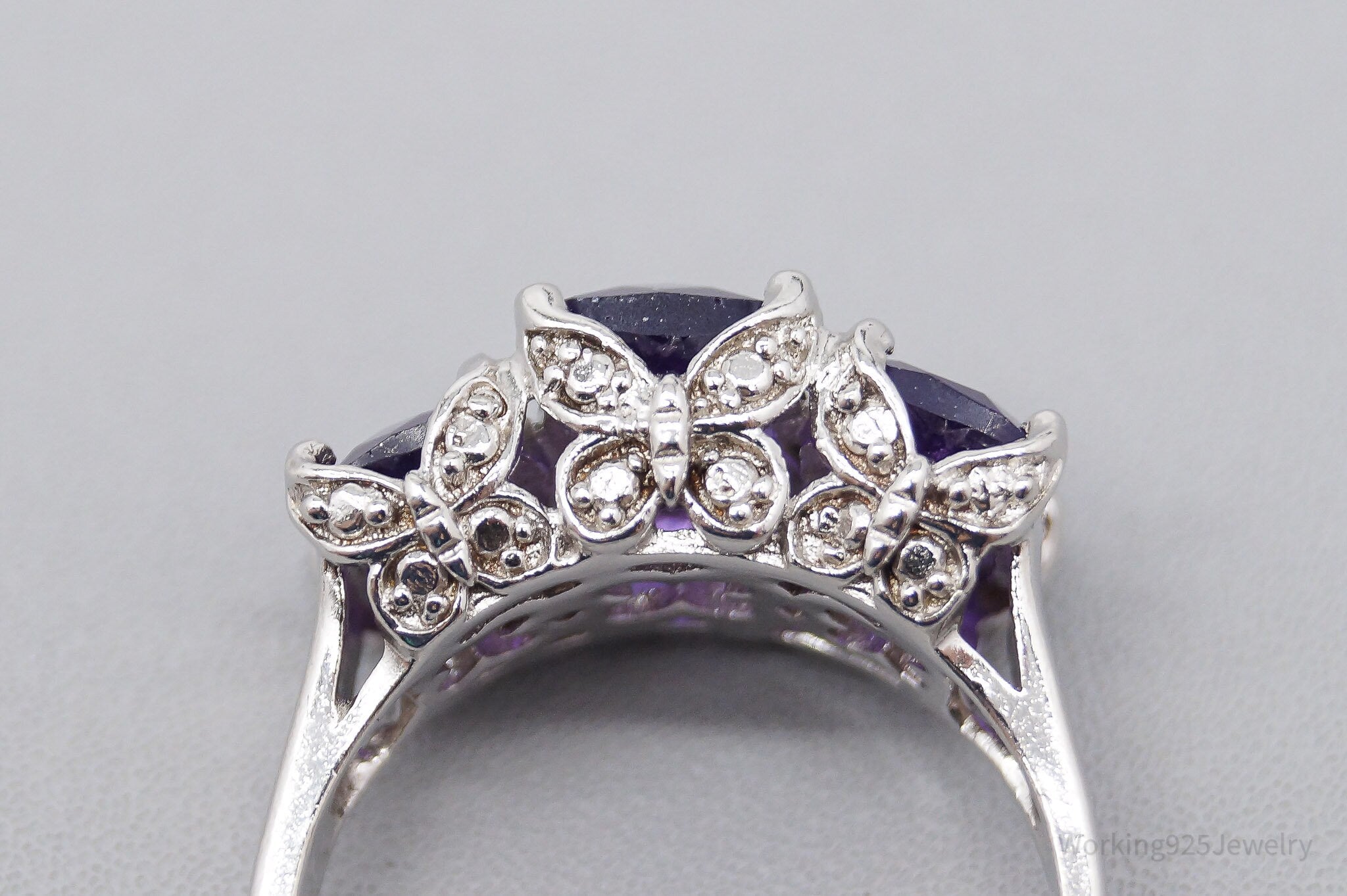 Vintage Designer HT Large Amethyst & Butterflies Sterling Silver Ring - Size 6