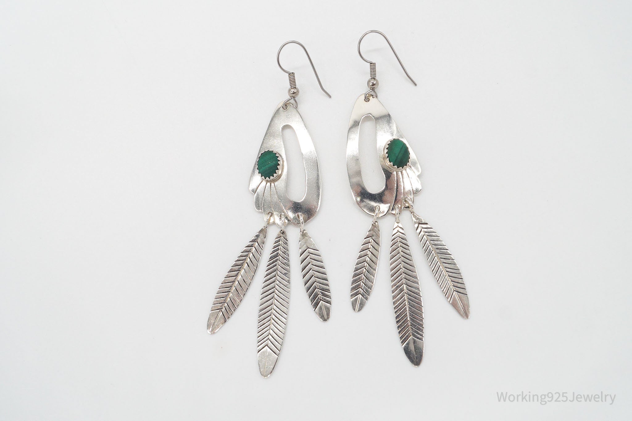 Vintage Native American JL Malachite Sterling Silver Earrings