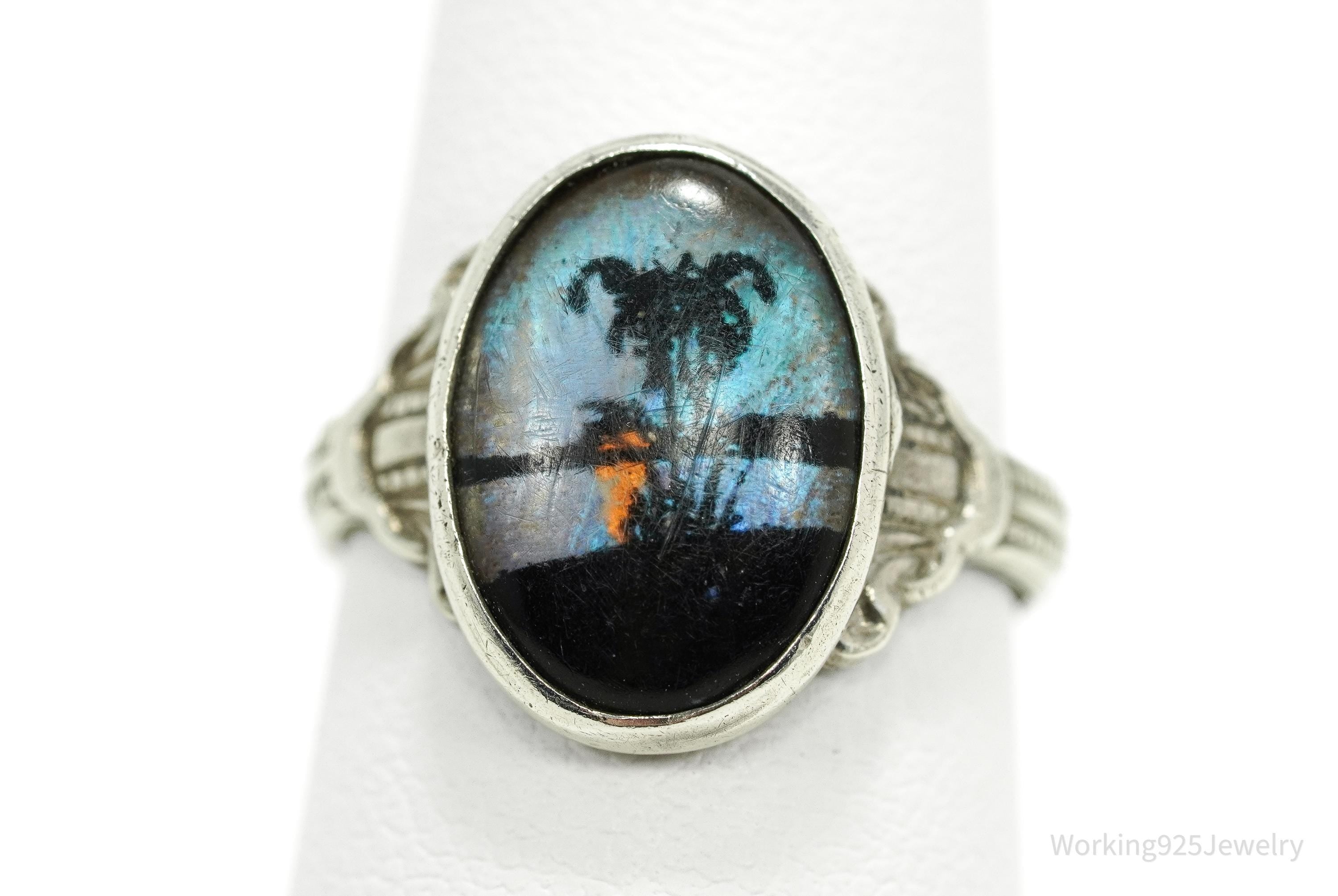 Antique Butterfly Wing Beach Scene Sterling Silver Ring - Size 6