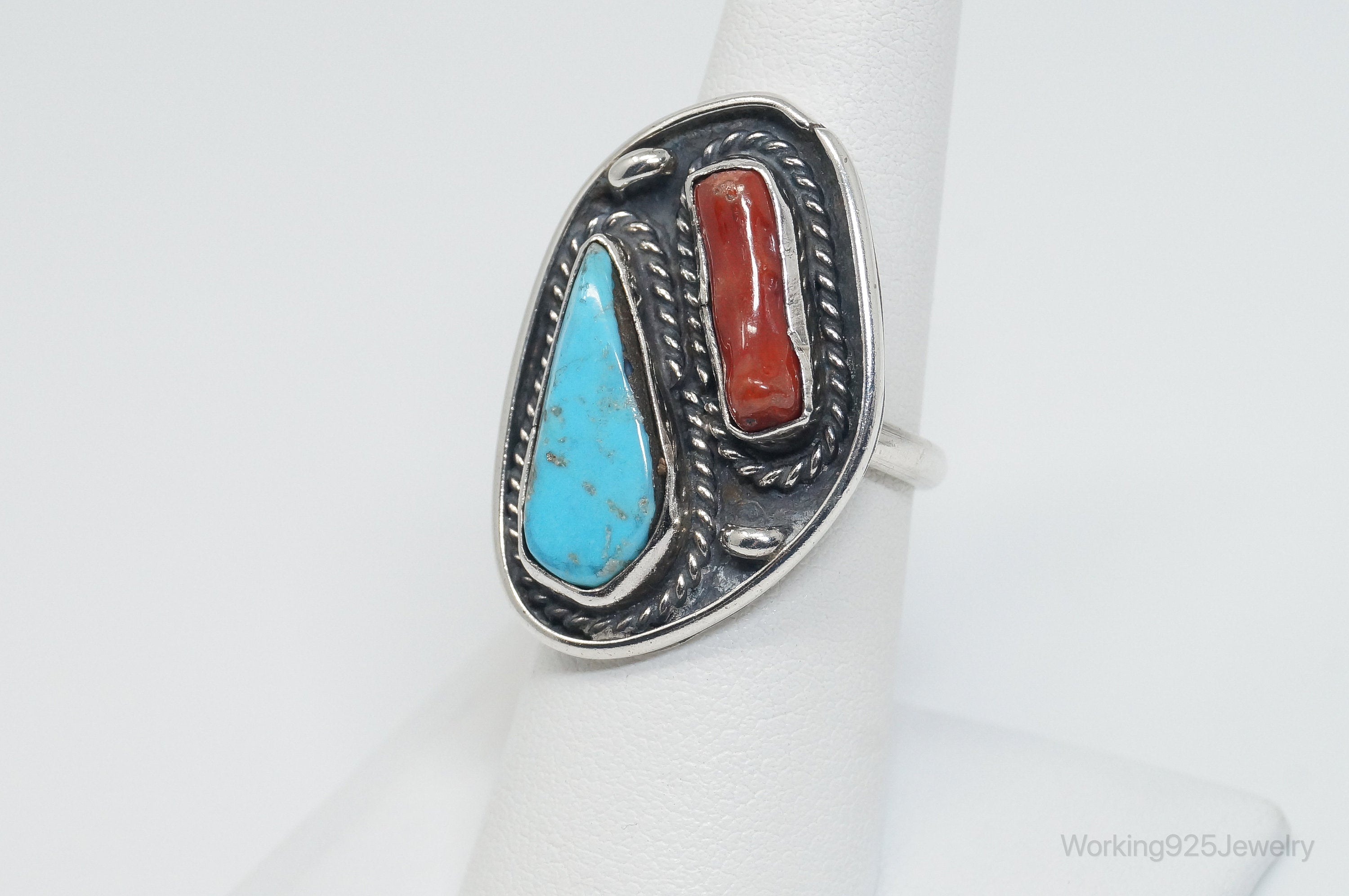 Vtg Native American VB Turquoise Coral Sterling Silver Ring - Sz 7.25