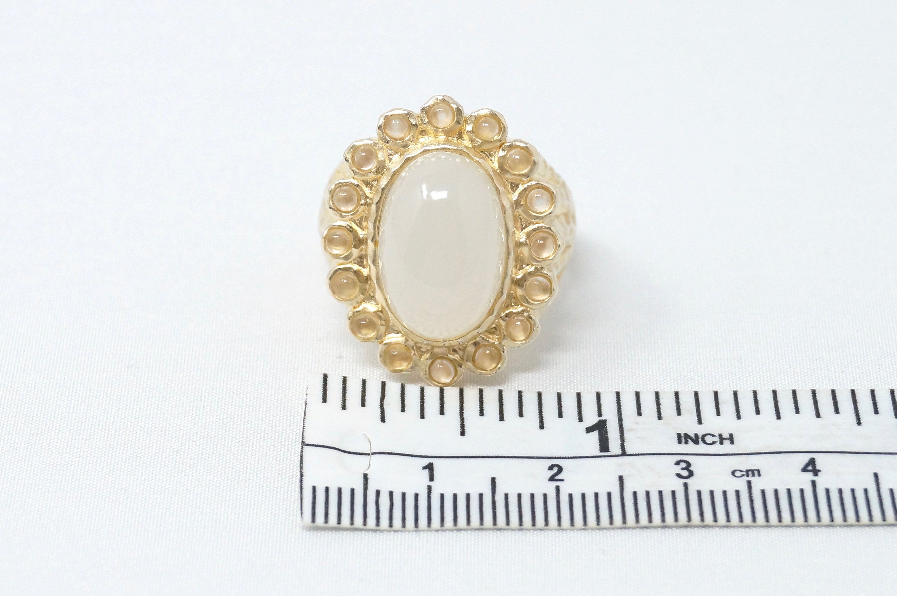 Vintage White Moonstone Gold Vermeil Hammered Style Ring Sterling Silver- Size 7