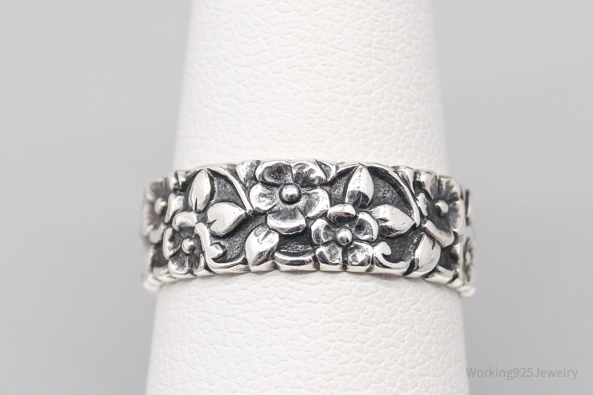 Antique Flowers Sterling Silver Band Ring - Size 7