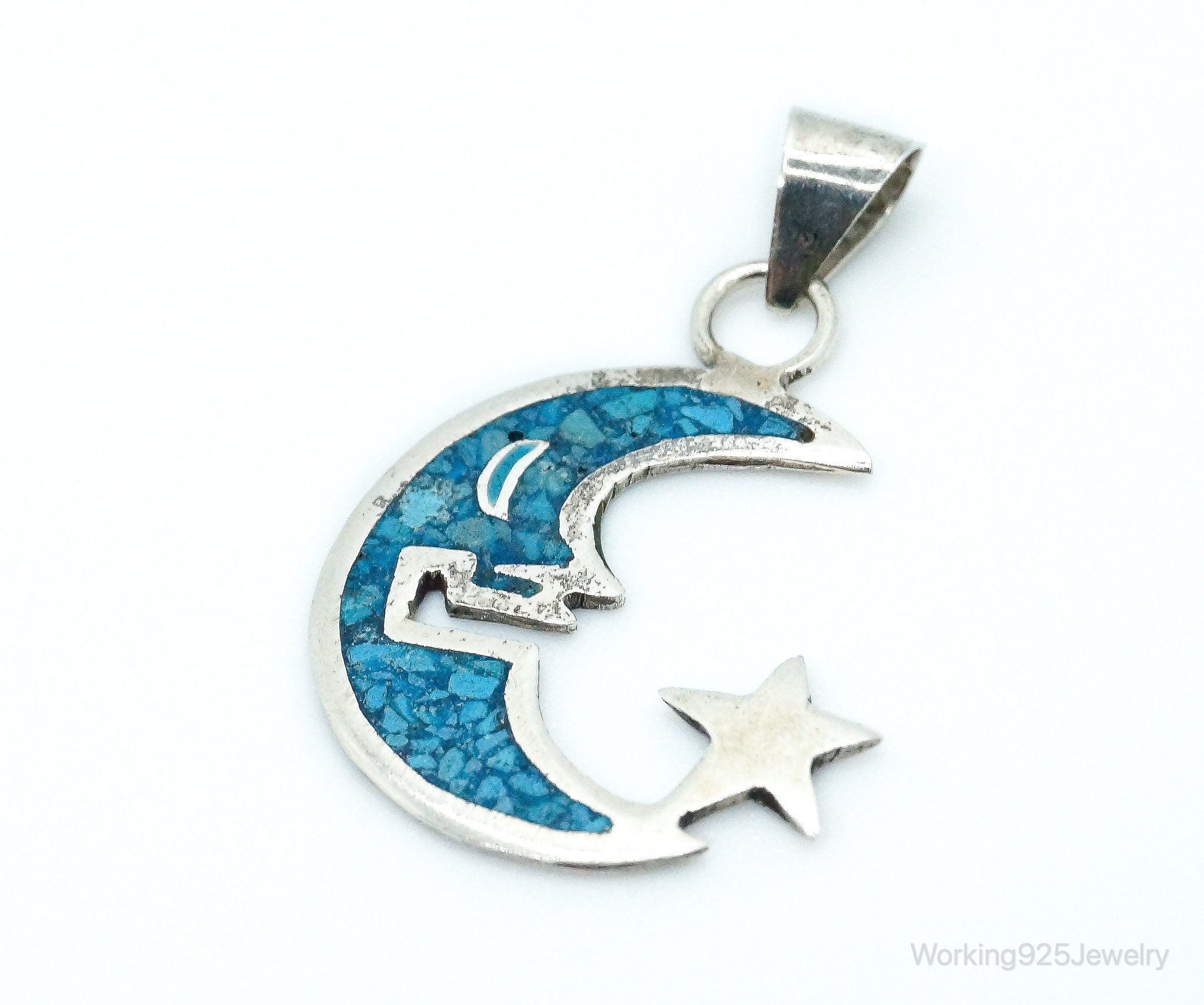 Large Vintage Mexico Turquoise Sterling Silver Moon Necklace Pendant