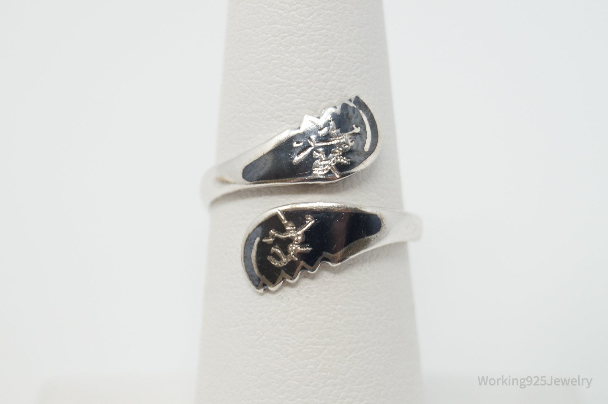 VTG Amfarco Siam Niello Dancer Black Enamel Sterling Silver Wrap Ring - Sz 6.5