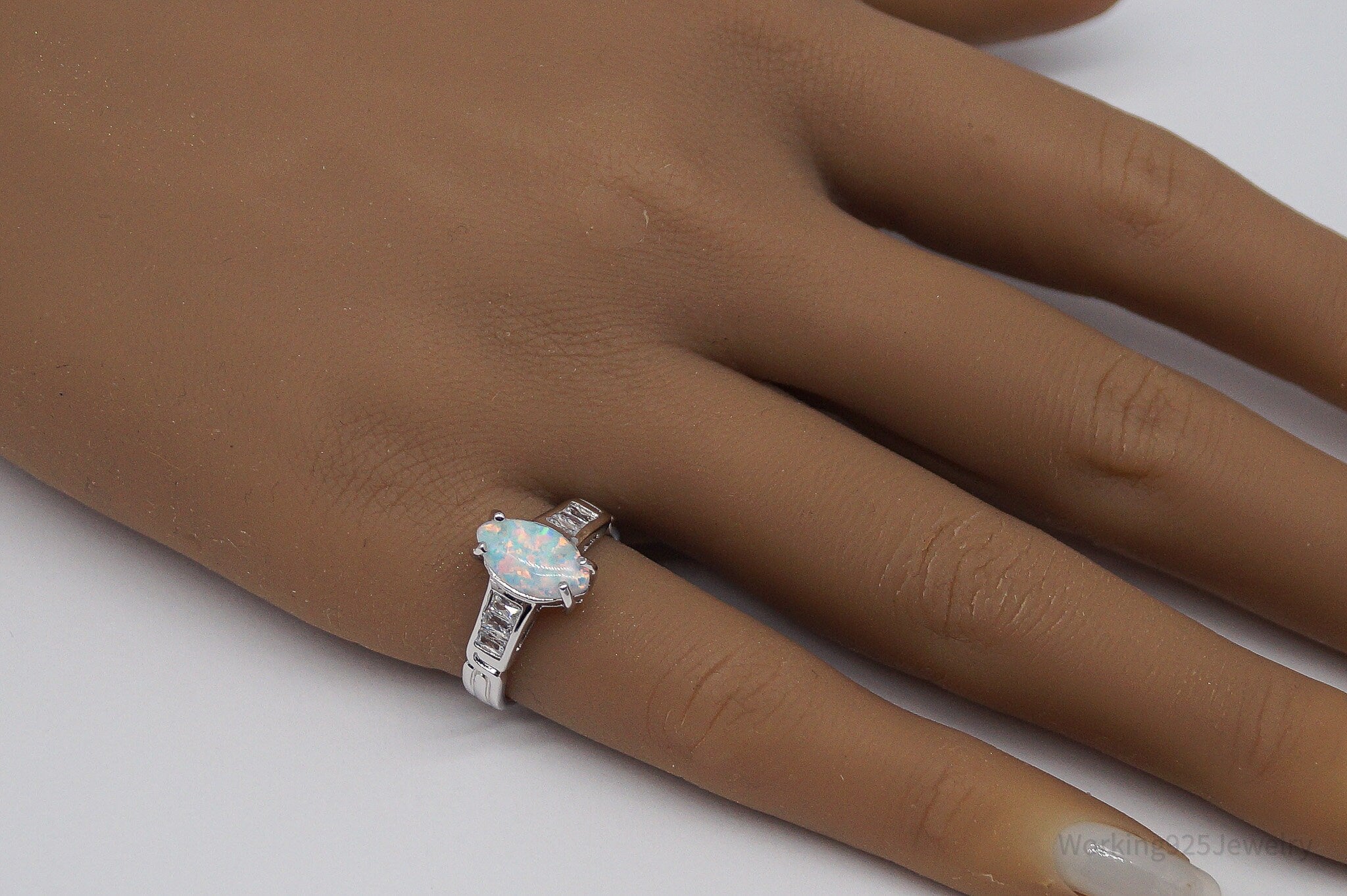 Vintage Opal & Cubic Zirconia Sterling Silver Ring - Size 5.75