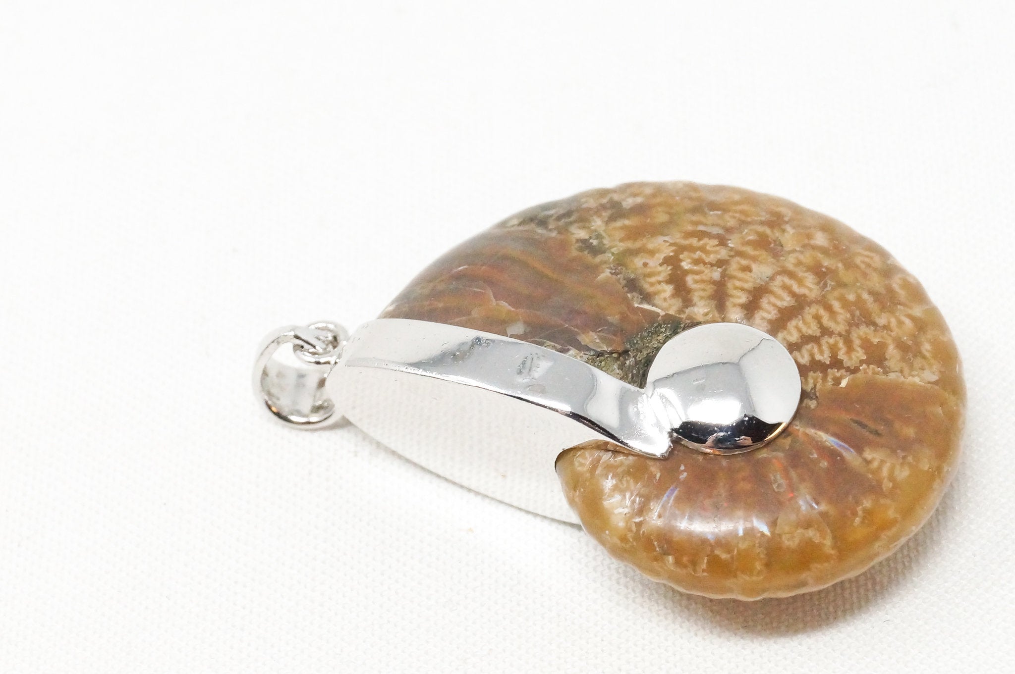 Vintage Nautilus Fossil Shell Sterling Silver Chunky Necklace Pendant