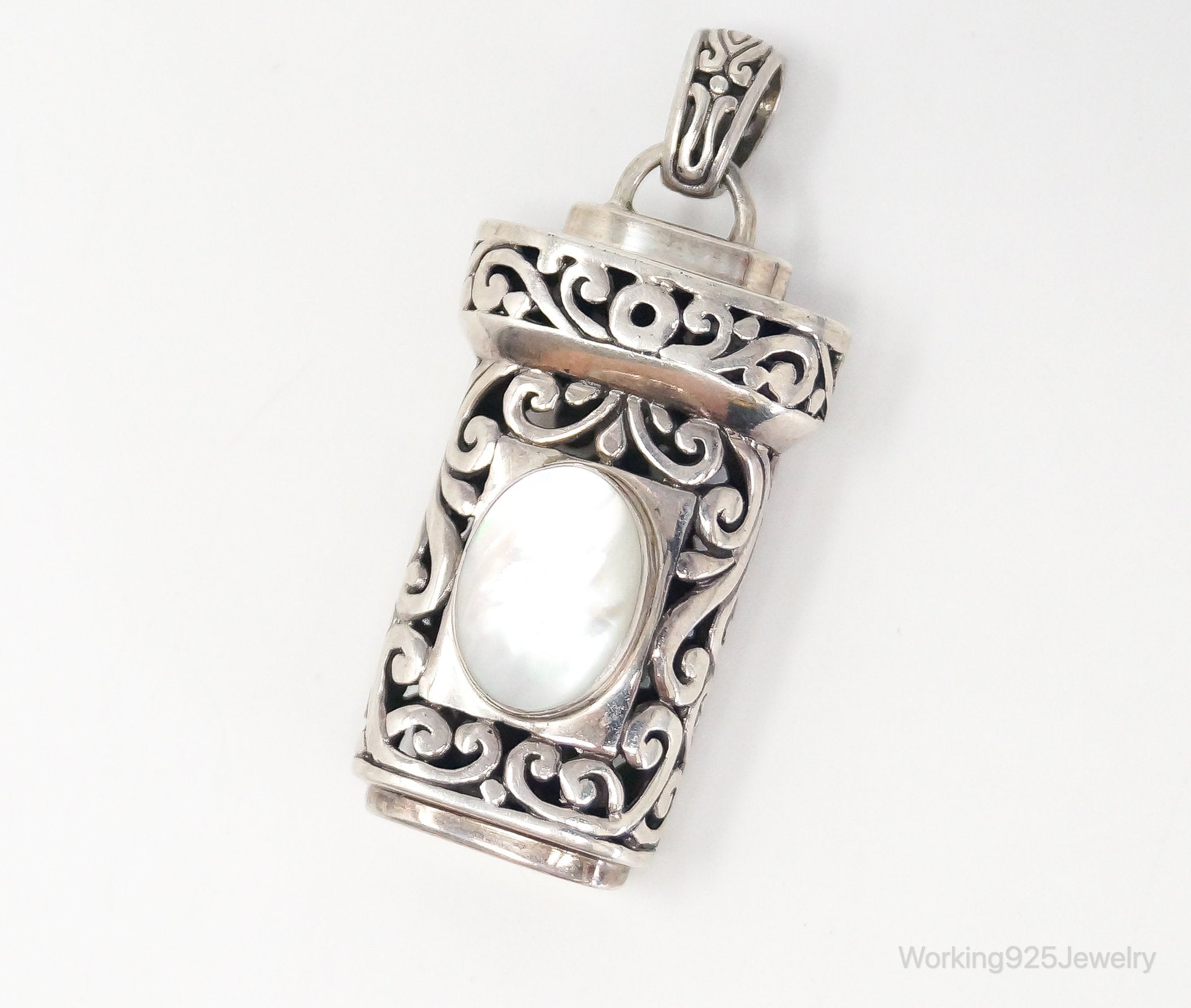 Vintage Large Mother Of Pearl Bali Inspired Sterling Silver Pendant