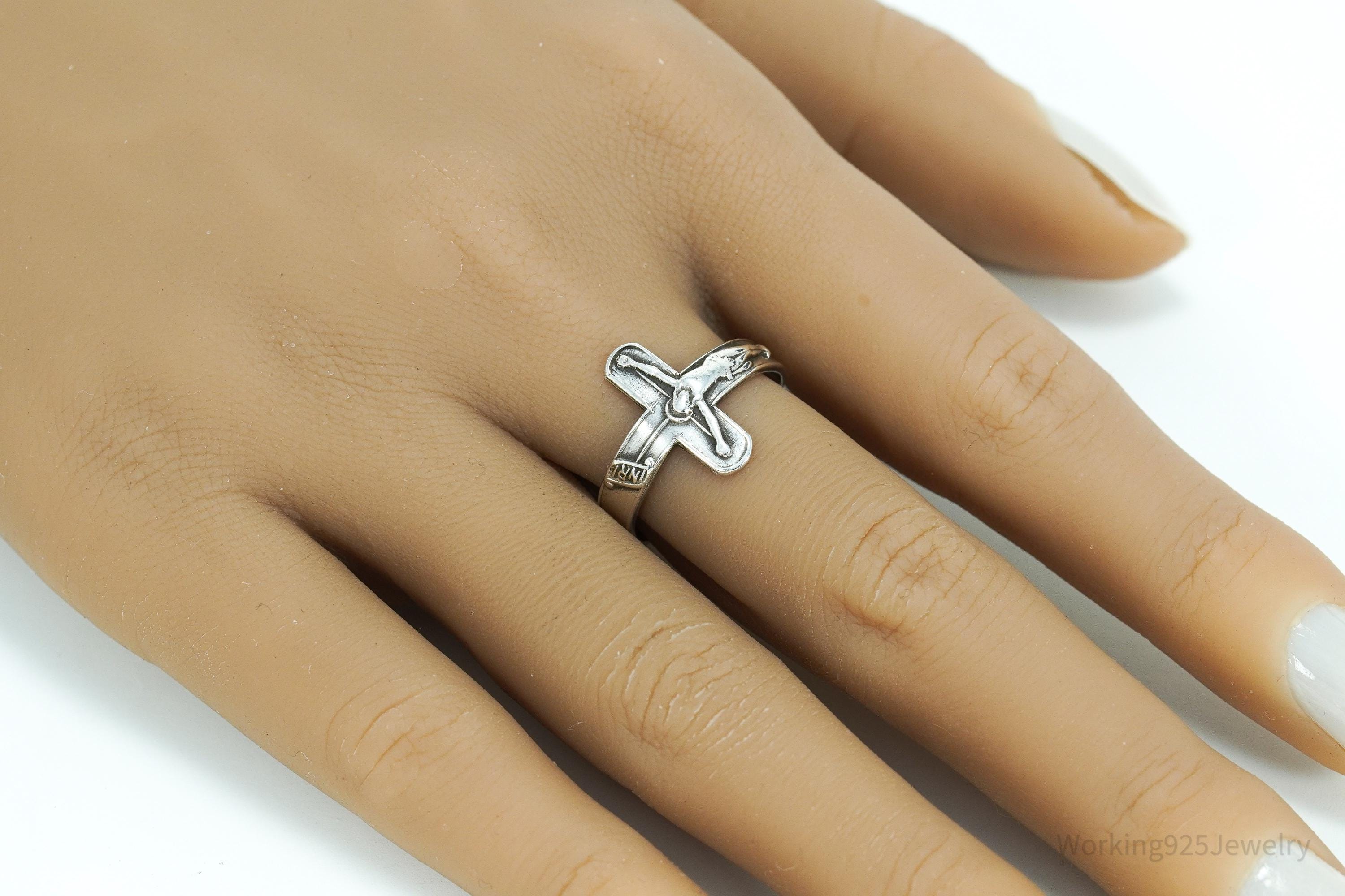 Vintage Crucifix Cross Sterling Silver Ring - Size 8.75 Adjustable
