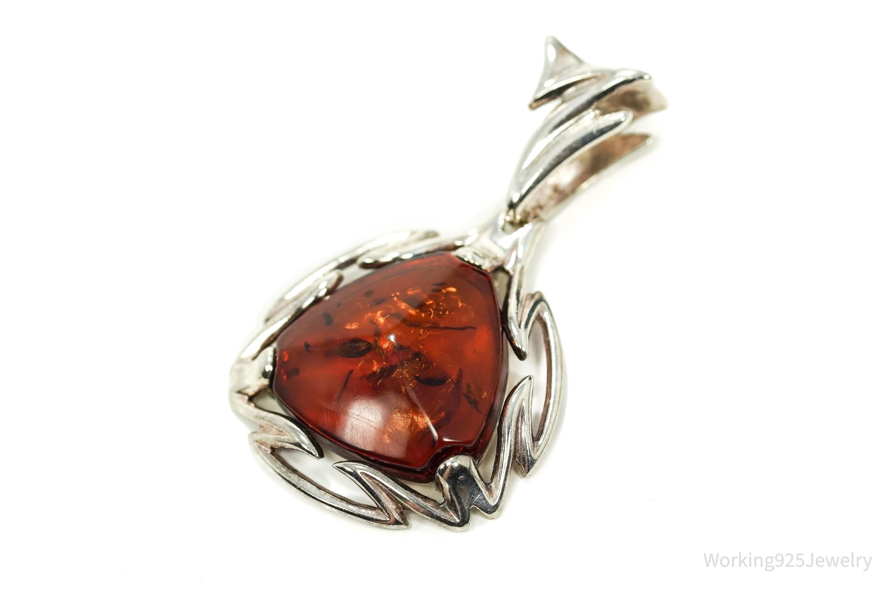 Large Vintage Modernist Amber Sterling Silver Pendant