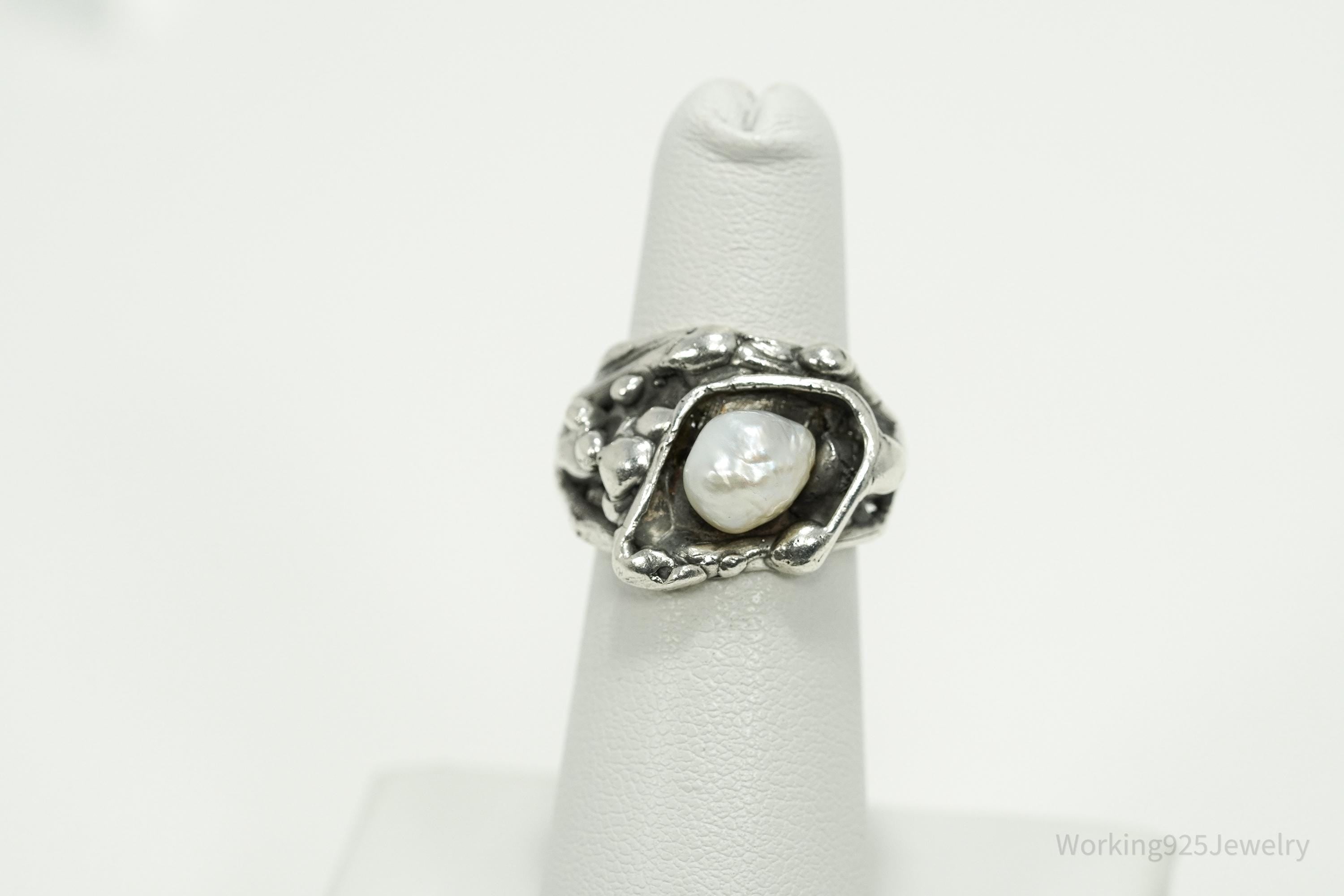 Vintage Brutalist Modernist Pearl Silver Ring - Size 5