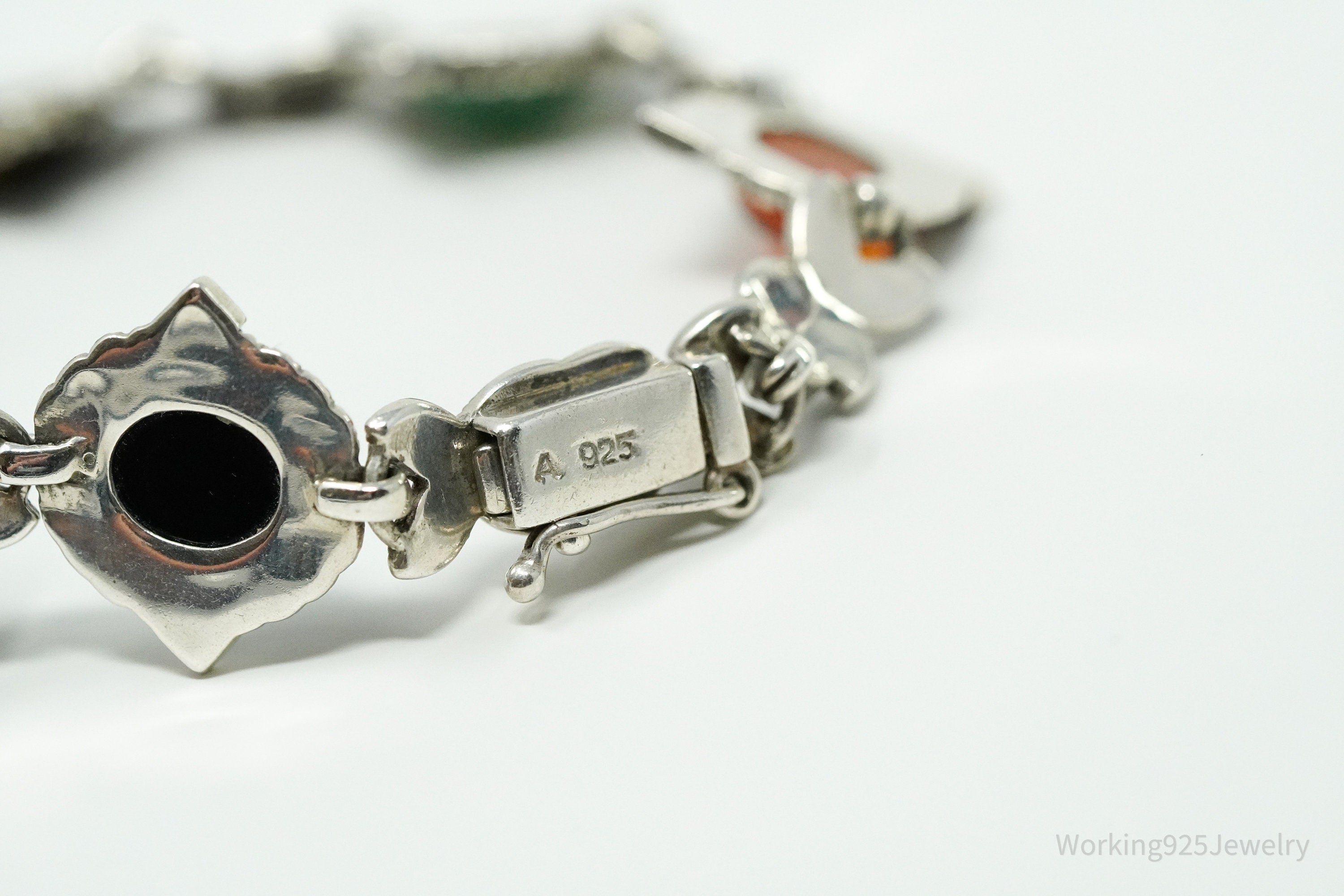 Vintage Carved Scarab Multiple Gemstone Sterling Silver Bracelet 7.5"