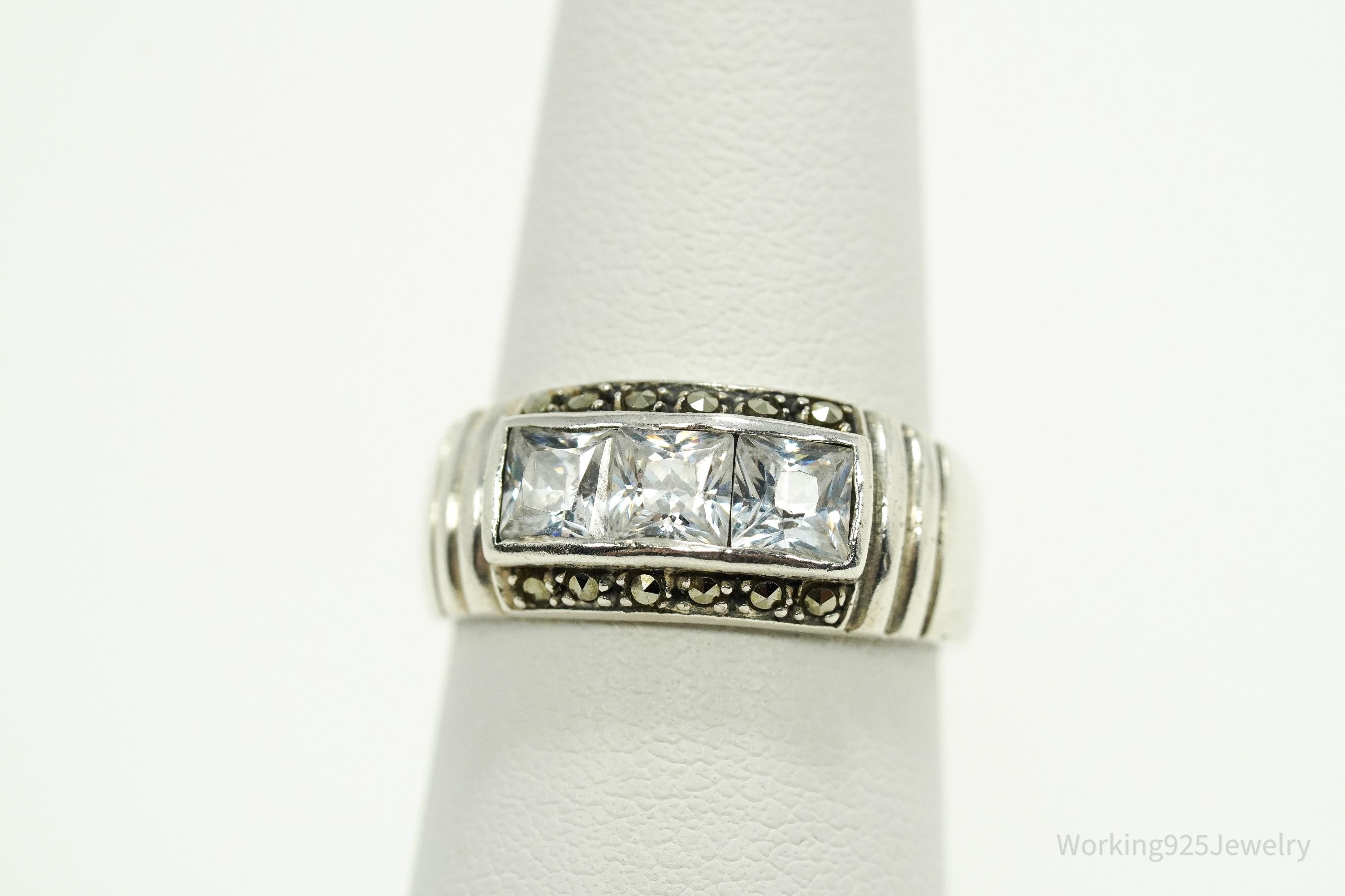 Vintage Cubic Zirconia & Marcasite Sterling Silver Ring - Size 6.25