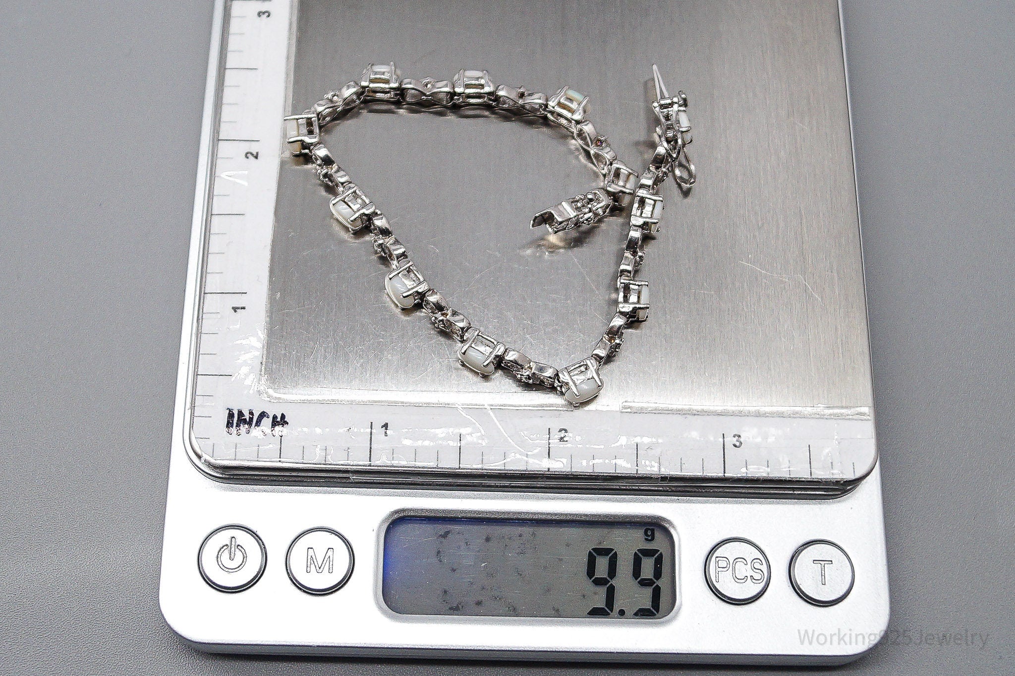 Vintage Opal & 3 Diamonds Sterling Silver Bracelet - 7 7/16"