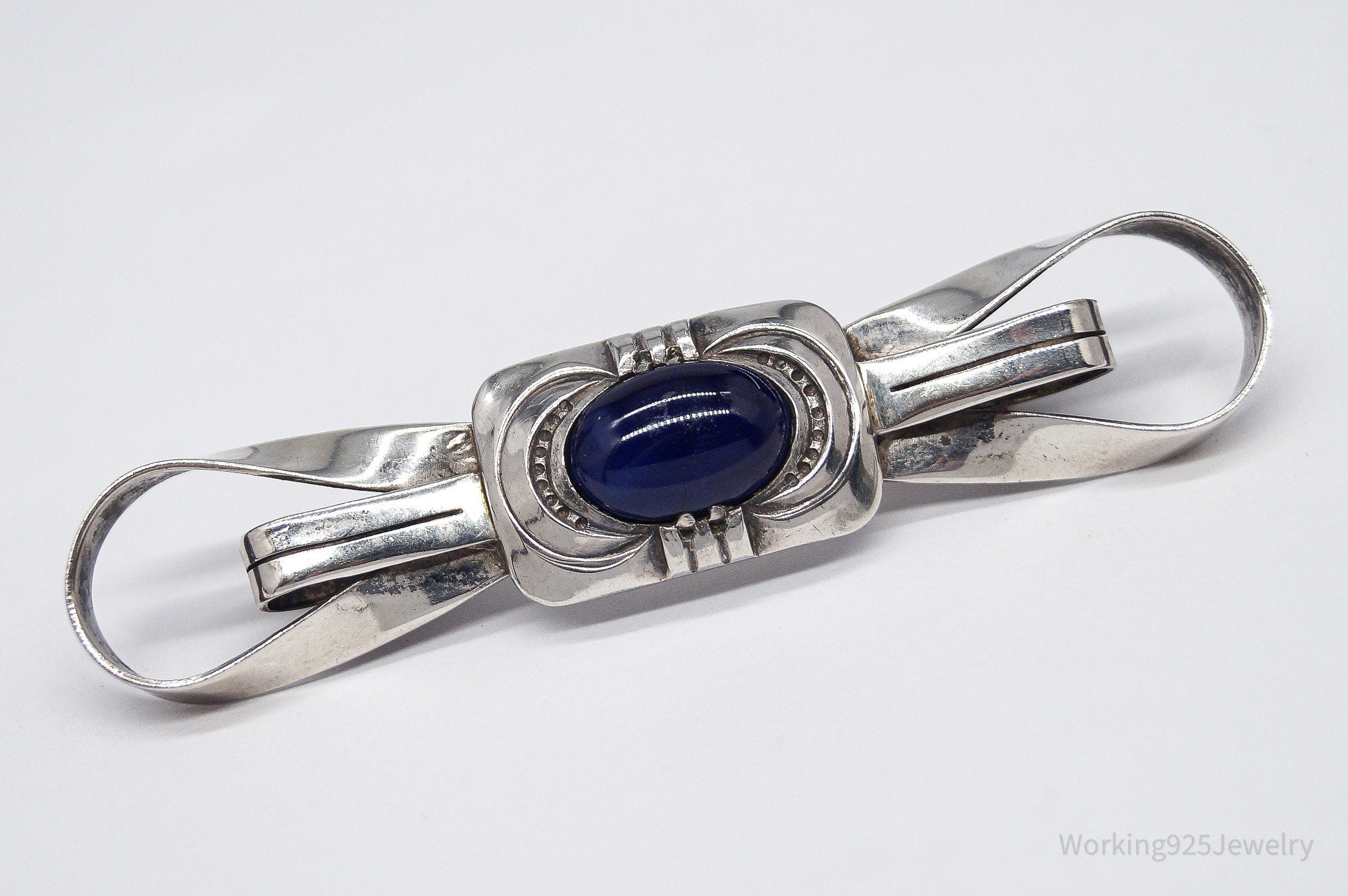 Antique Large Blue Stone Modernist Style 835 Silver Brooch Pin