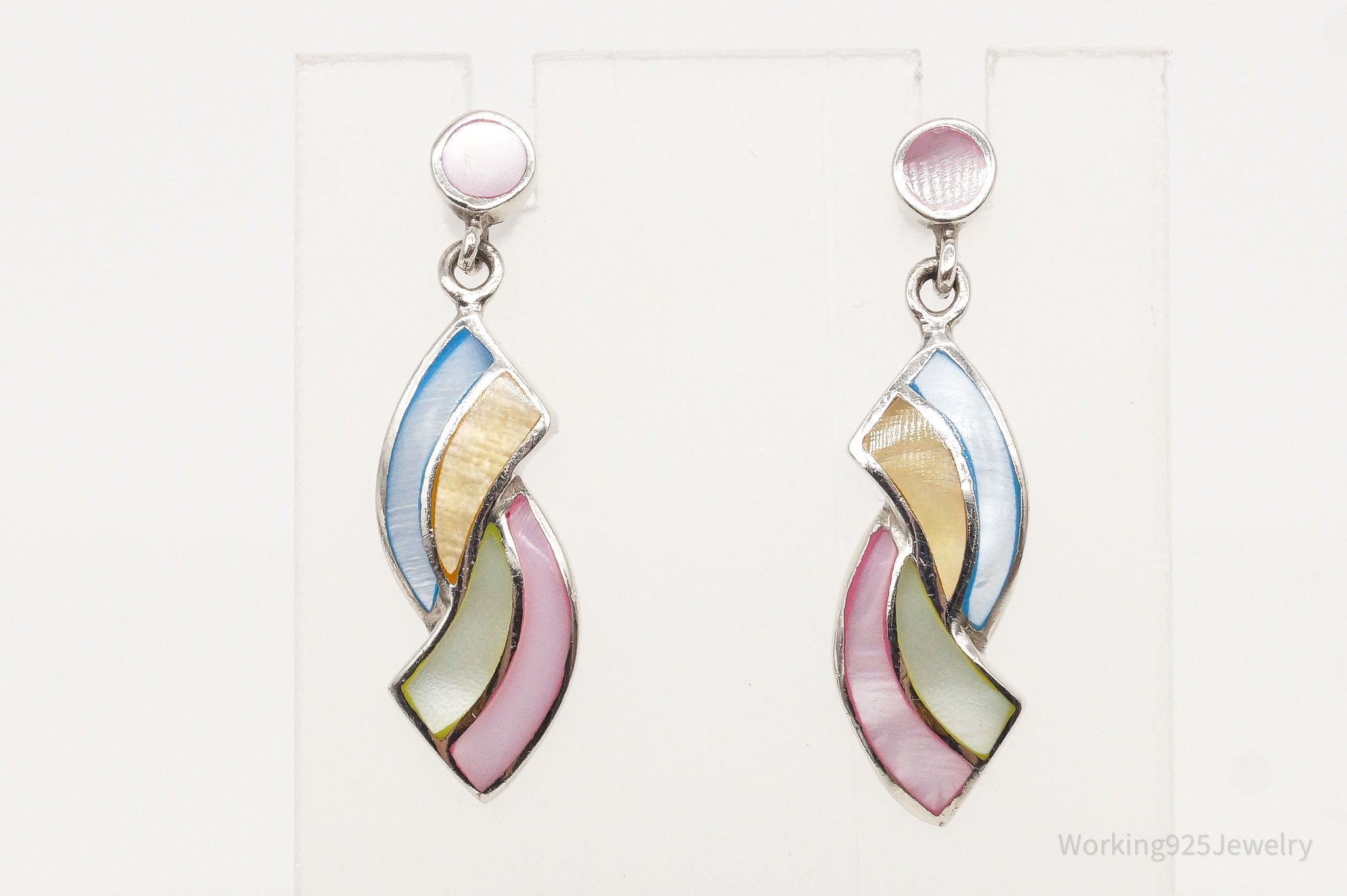 Vintage Multi Color Mother Of Pearl Inlay Sterling Silver Earrings