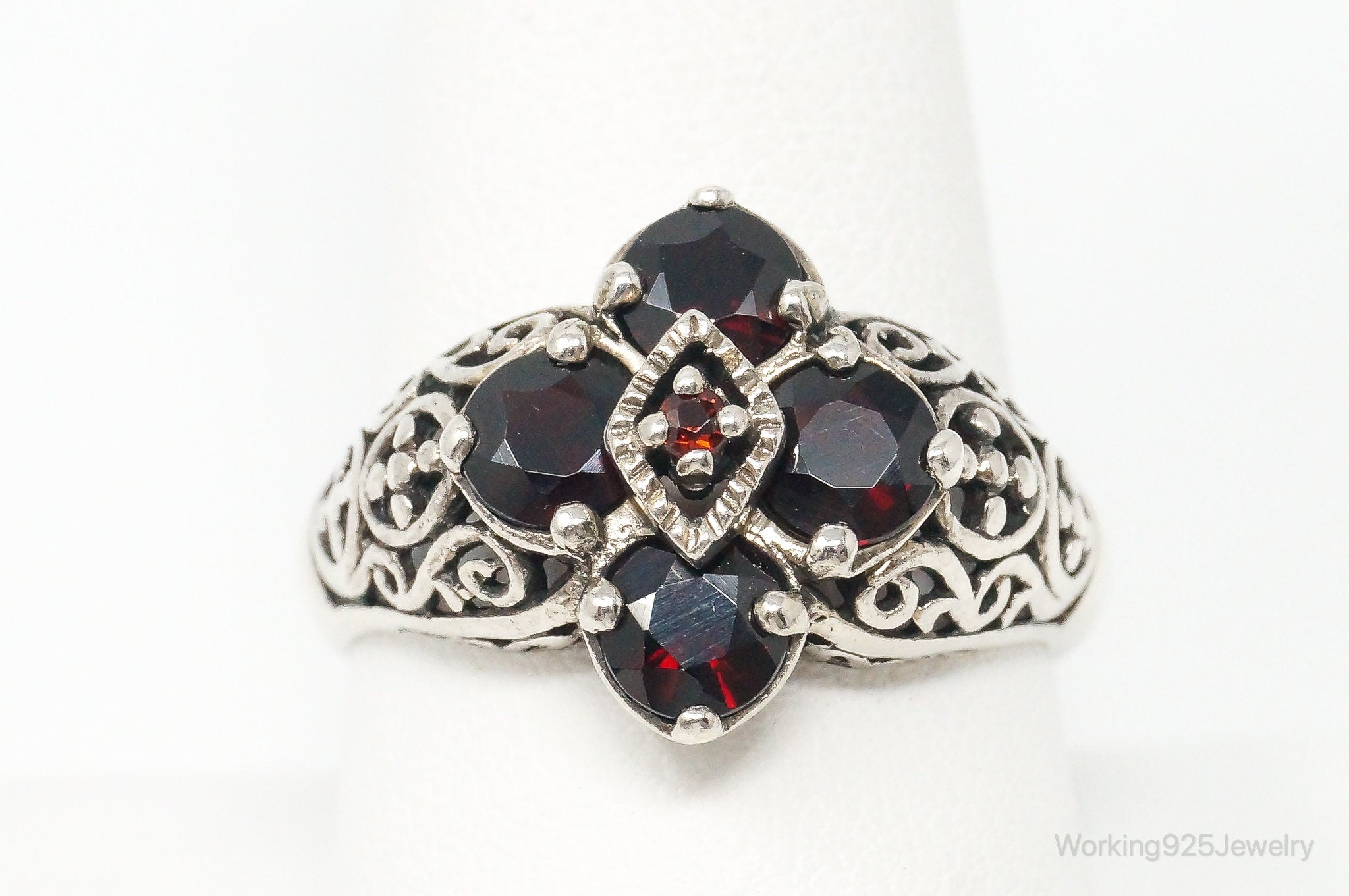 Vintage Red Garnet Floral Cut Out Design Sterling Silver Ring Size 10 -