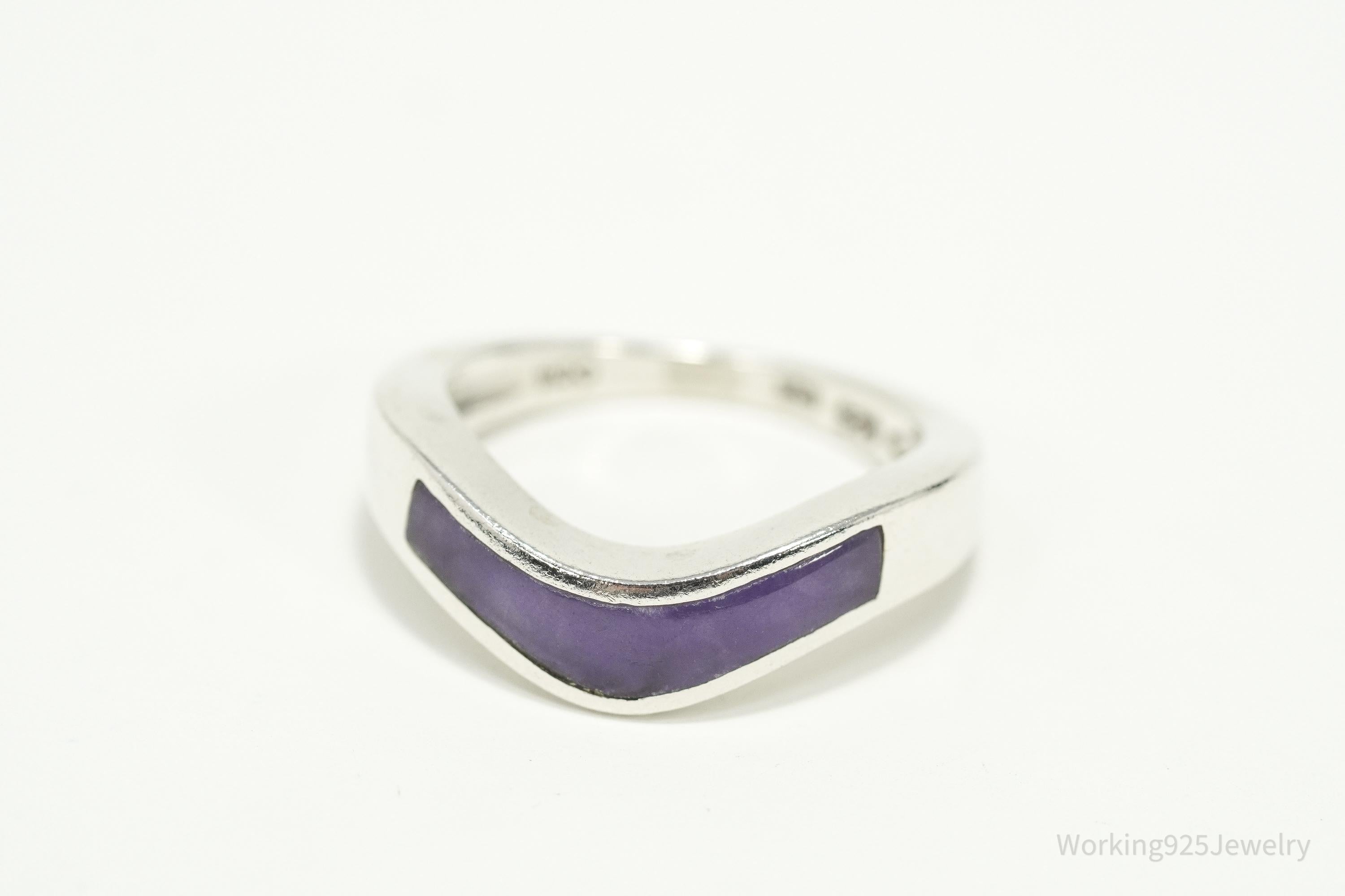 Vintage Purple Stone Inlay Sterling Silver Band Ring – Size 7