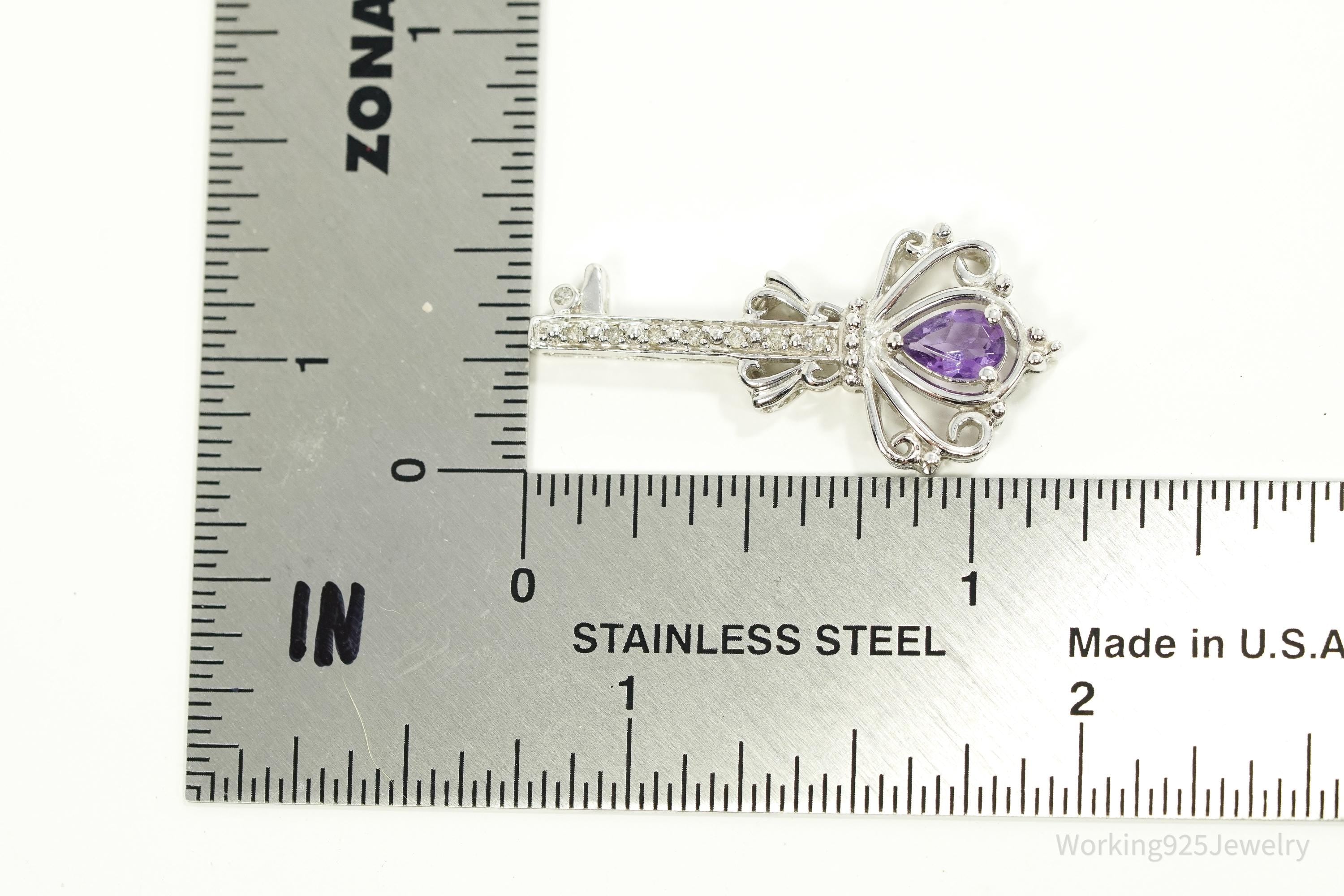 Vintage Large Designer Amethyst & Diamond Skelton Key Sterling Silver Necklace Pendant