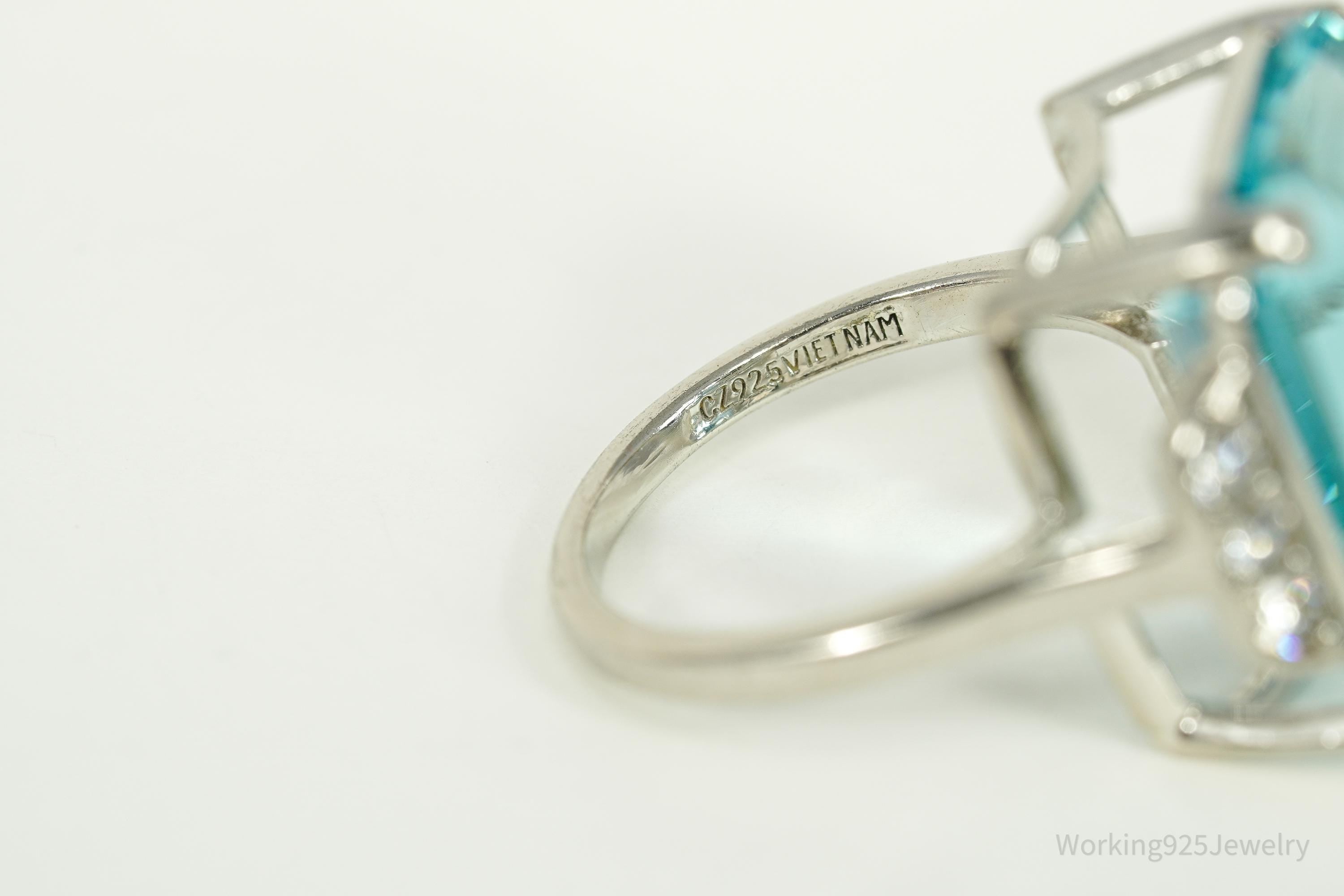 Vintage Large Blue Topaz & Cubic Zirconia Sterling Silver Ring - Size 9