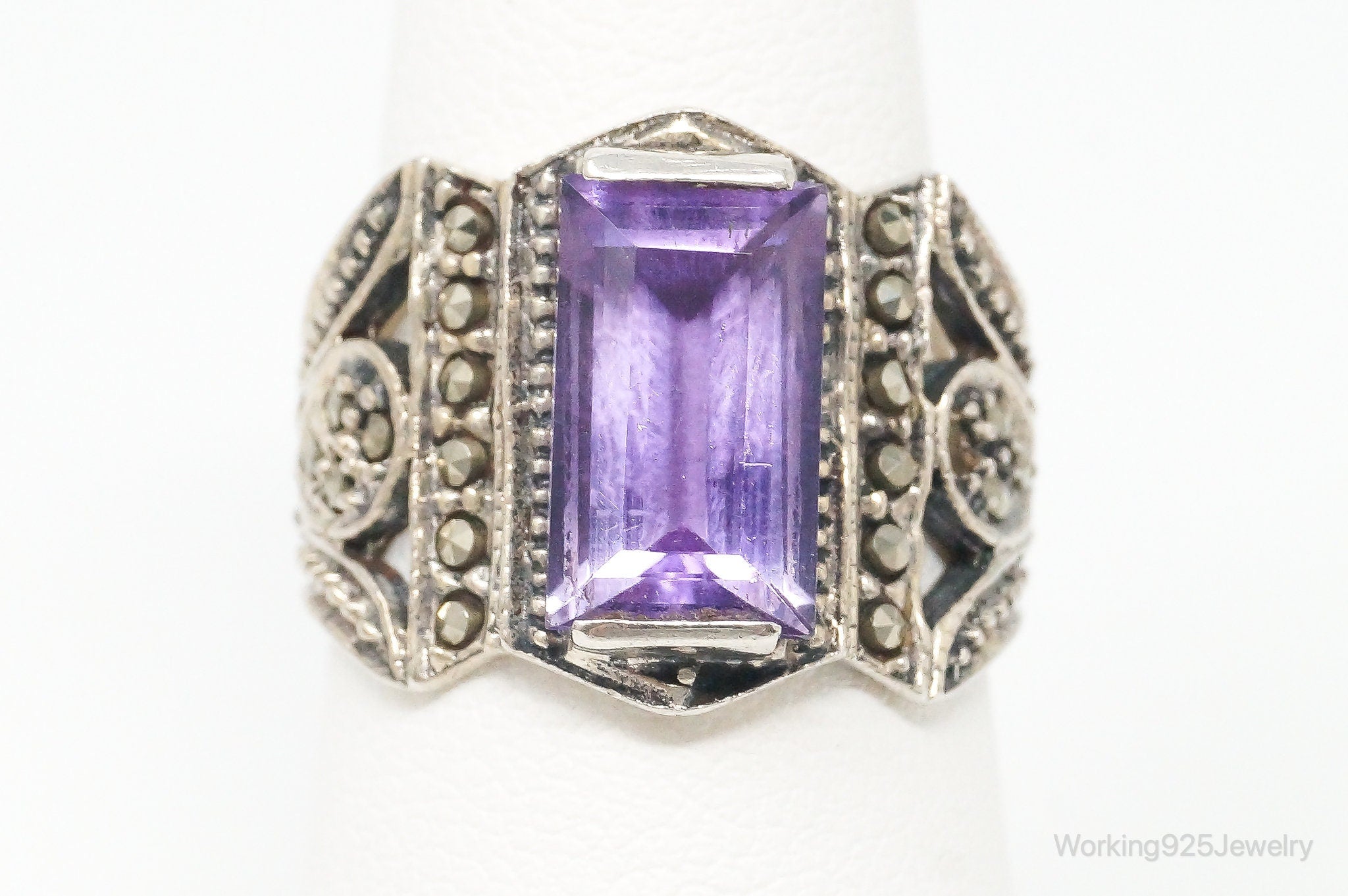 Vintage Large Amethyst Marcasite Sterling Silver Ring - Size 7.5