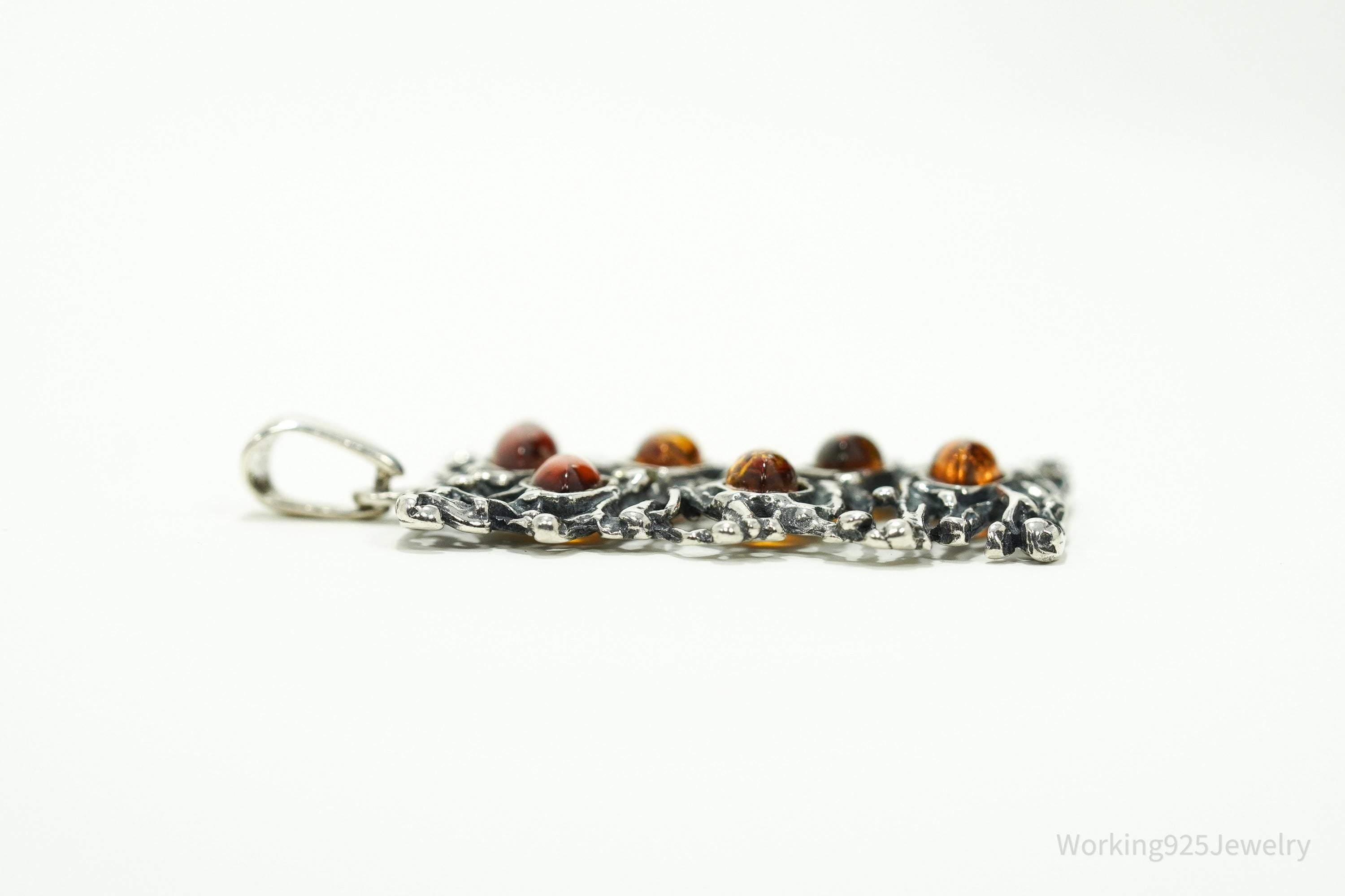 Vintage Brutalist Amber Sterling Silver Pendant