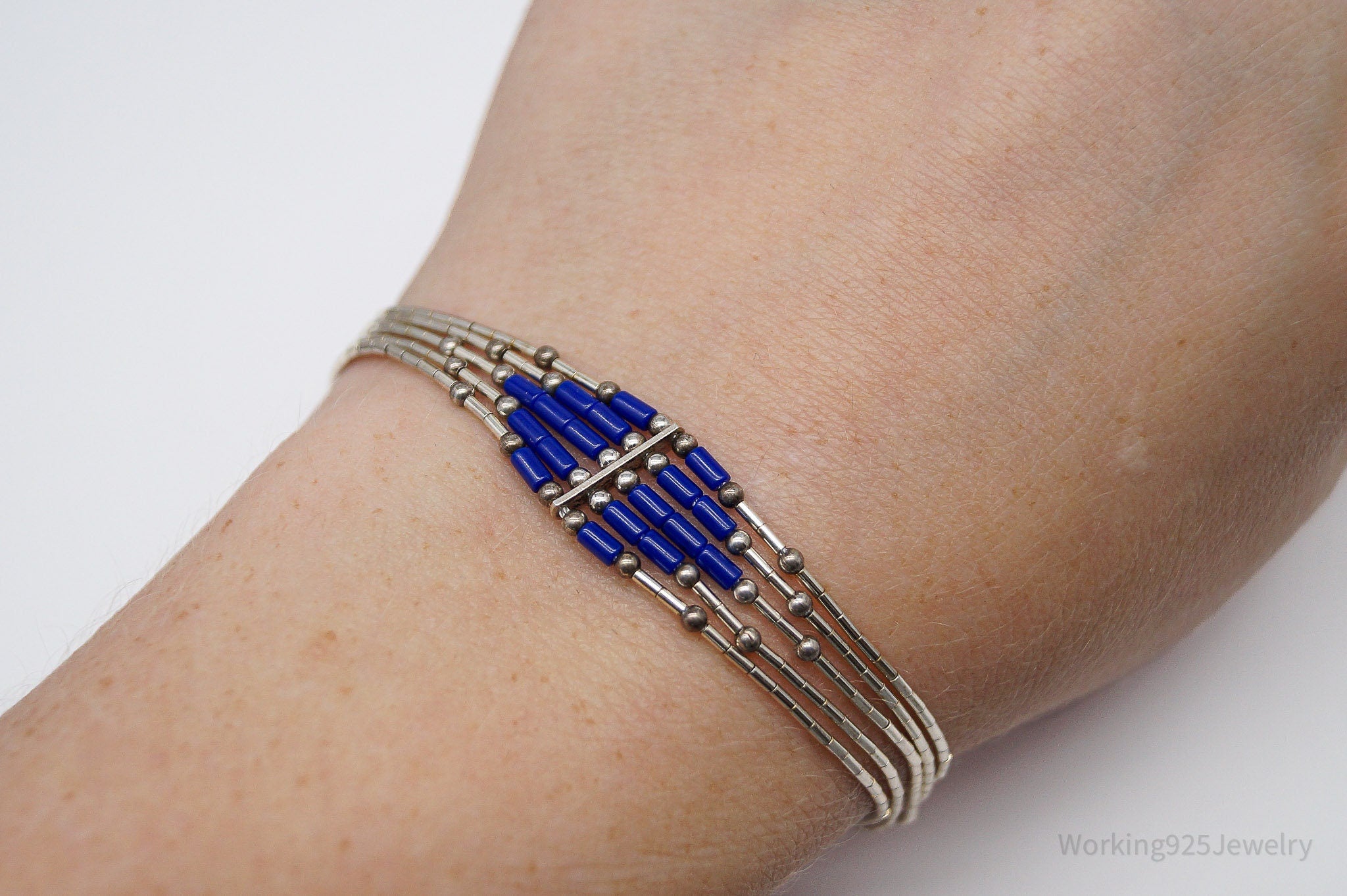 Vintage Handmade Native American Lapis Lazuli Sterling Silver Bead Bracelet