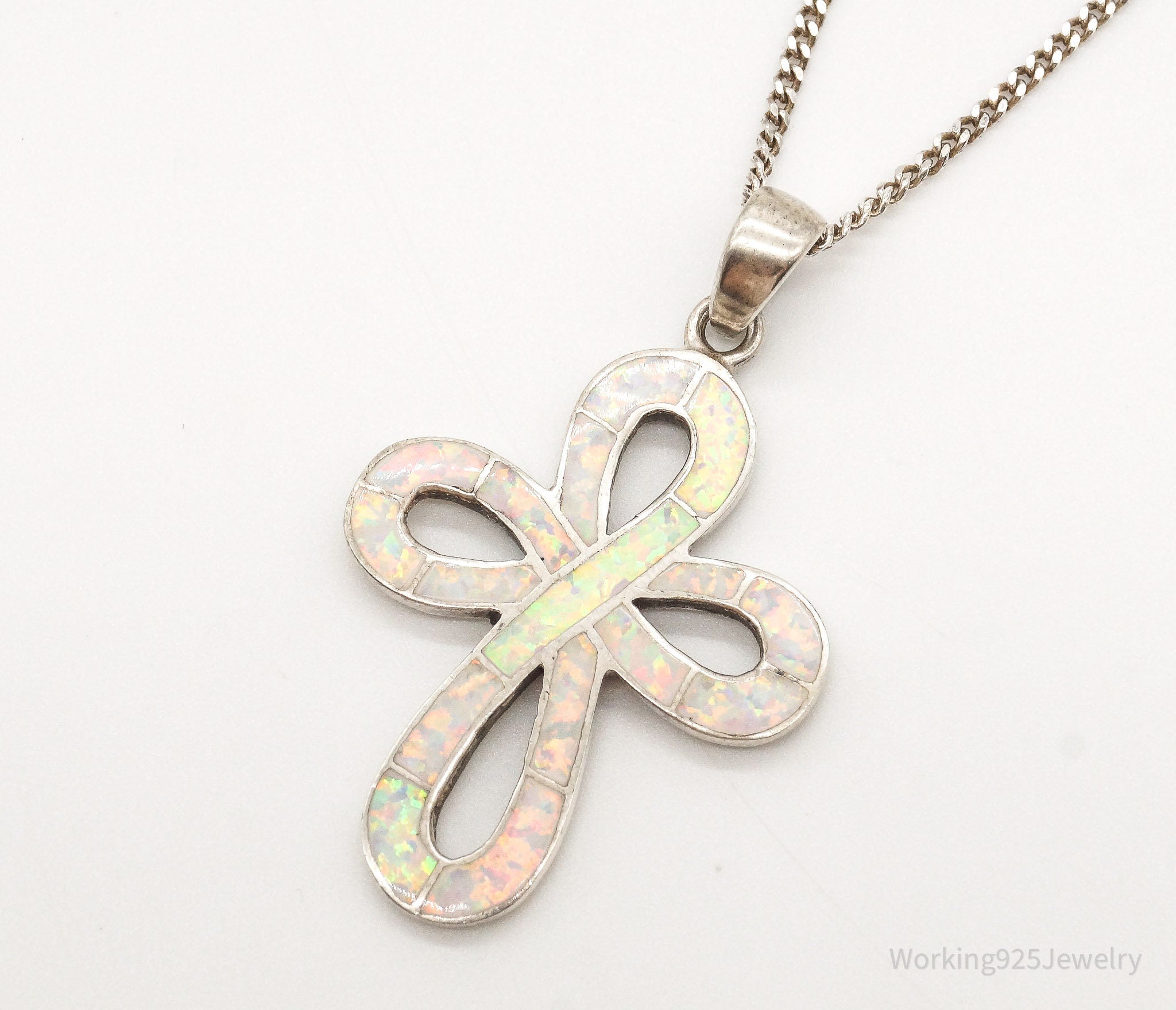 Vintage Opal Inlay Sterling Silver Cross Necklace