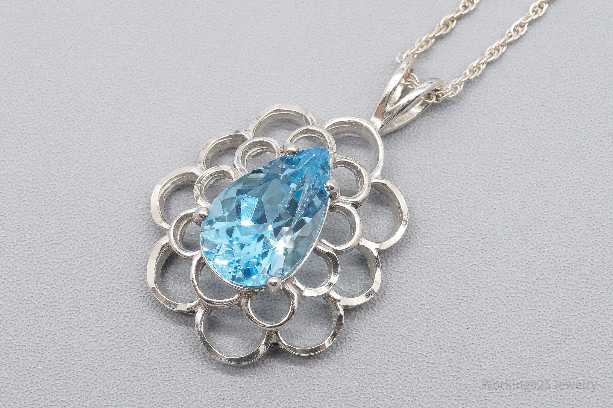 Vintage Large Blue Topaz Sterling Silver Necklace 18"