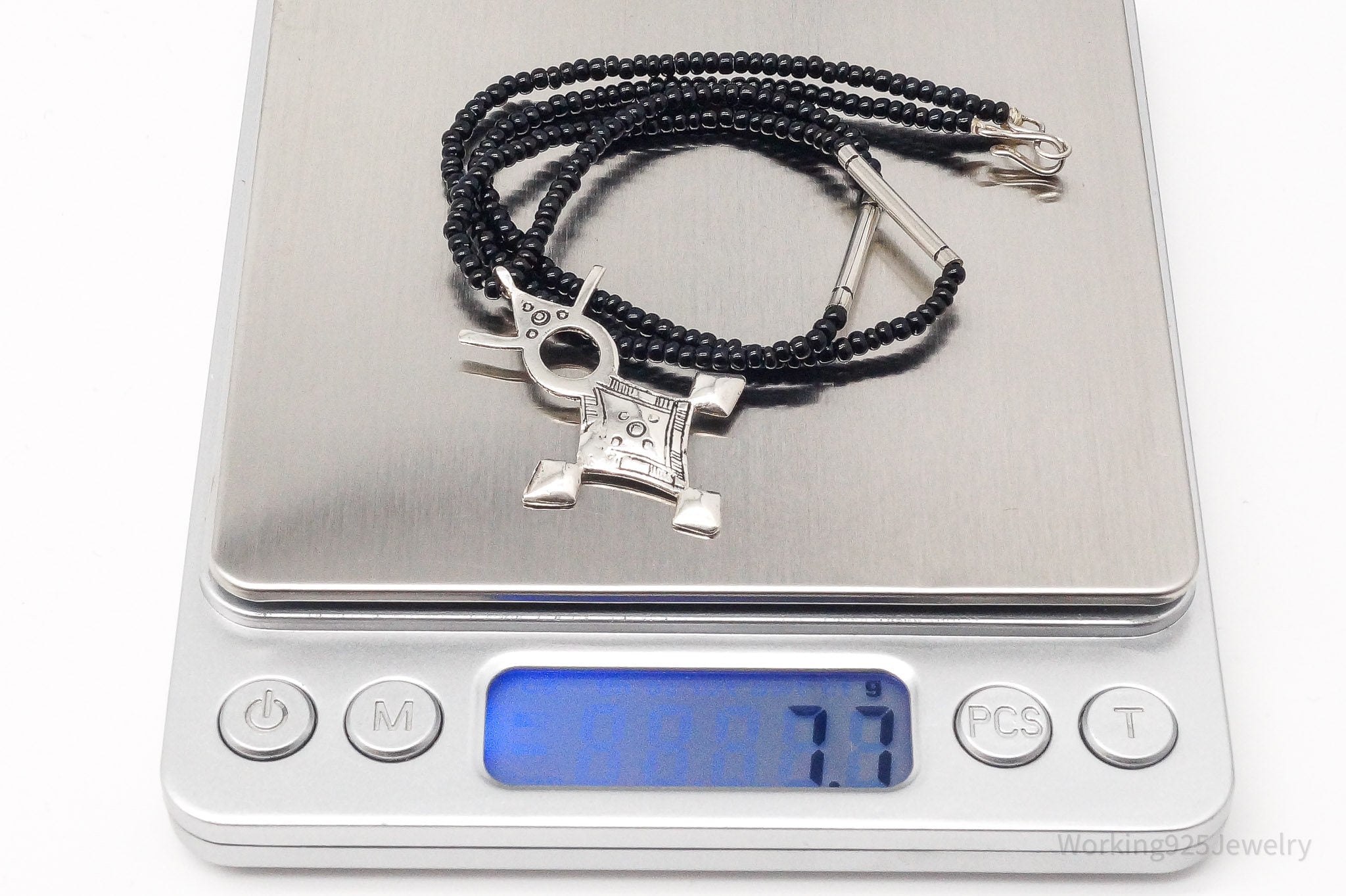 Vintage Large Silver Southern Cross Black Bead Necklace 18"