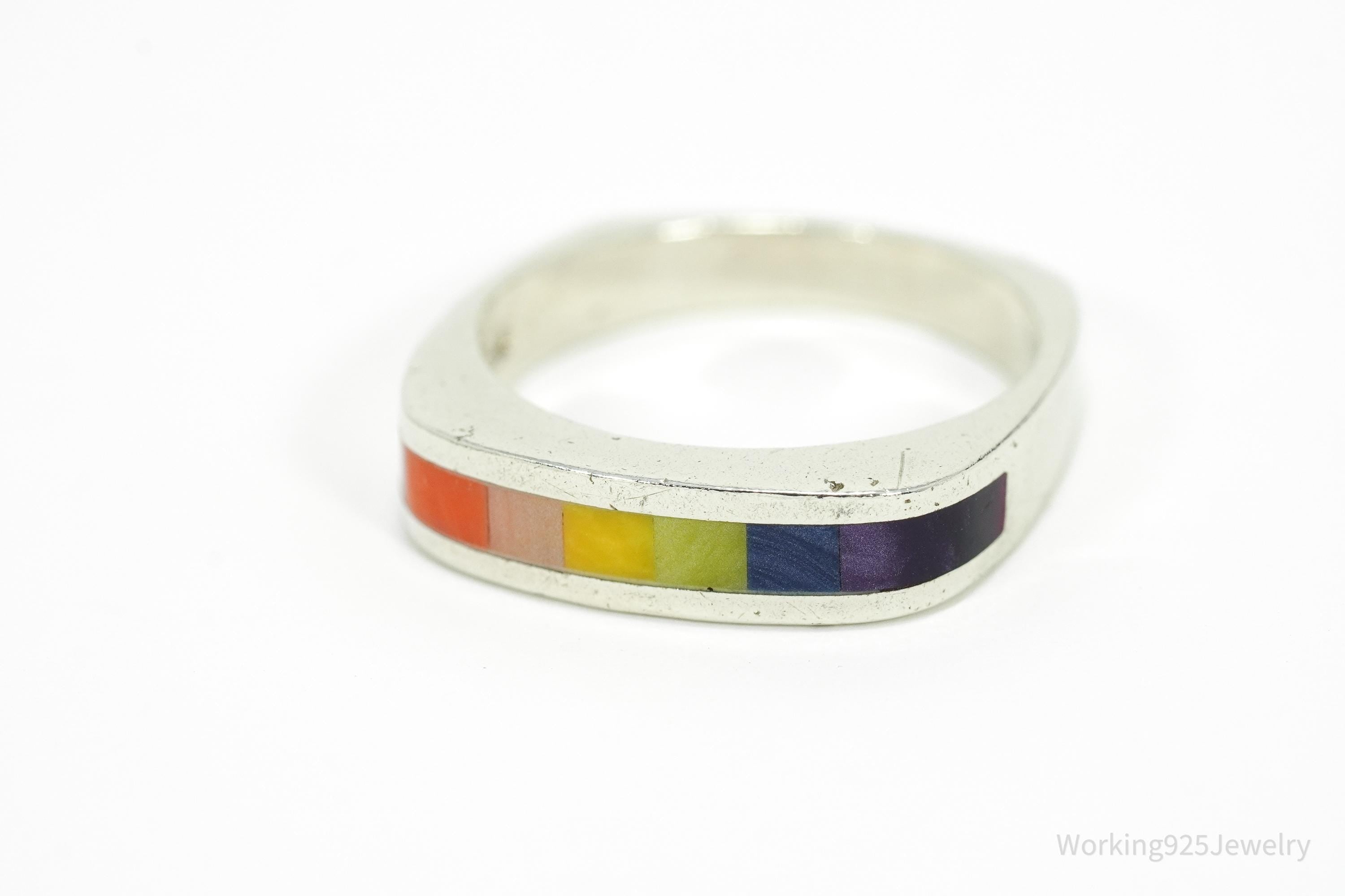 Vintage Rainbow Enamel Inlay Sterling Silver Ring Size 6