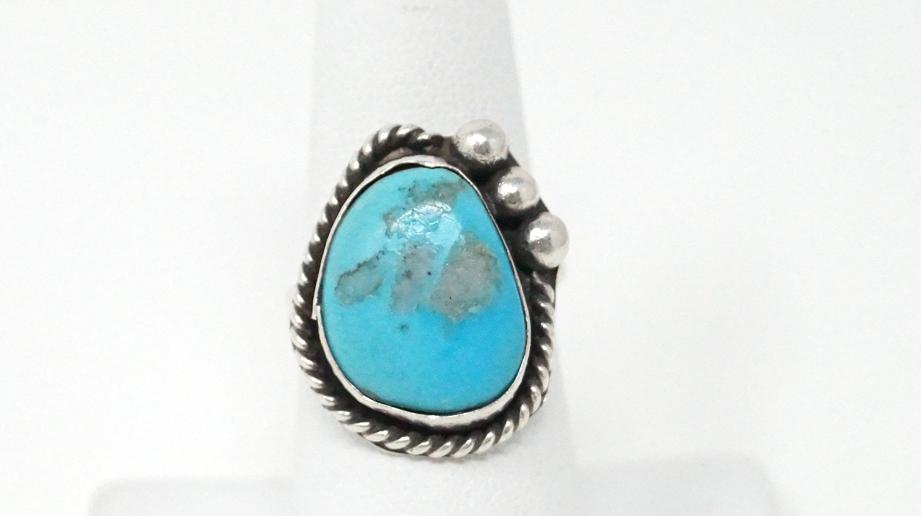 Vintage Native Turquoise Sterling Silver Rope Detail Ring - Size 7 1/4